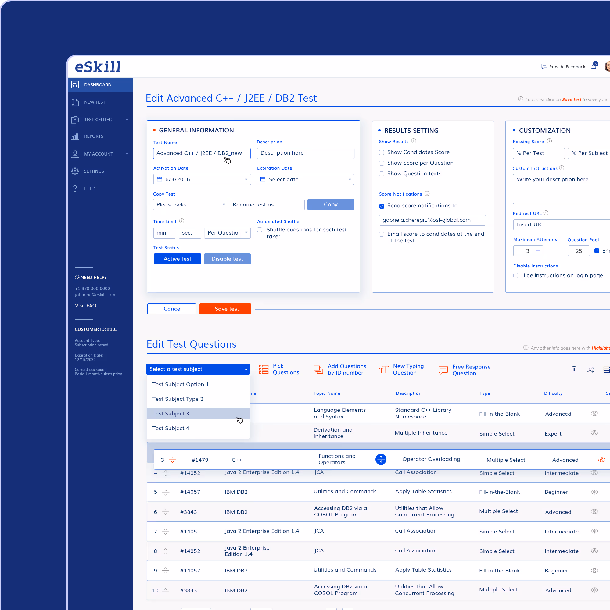 eSkill graphic showing the options to search the assessment library and filter based on subject-based assessments and job-based assessments