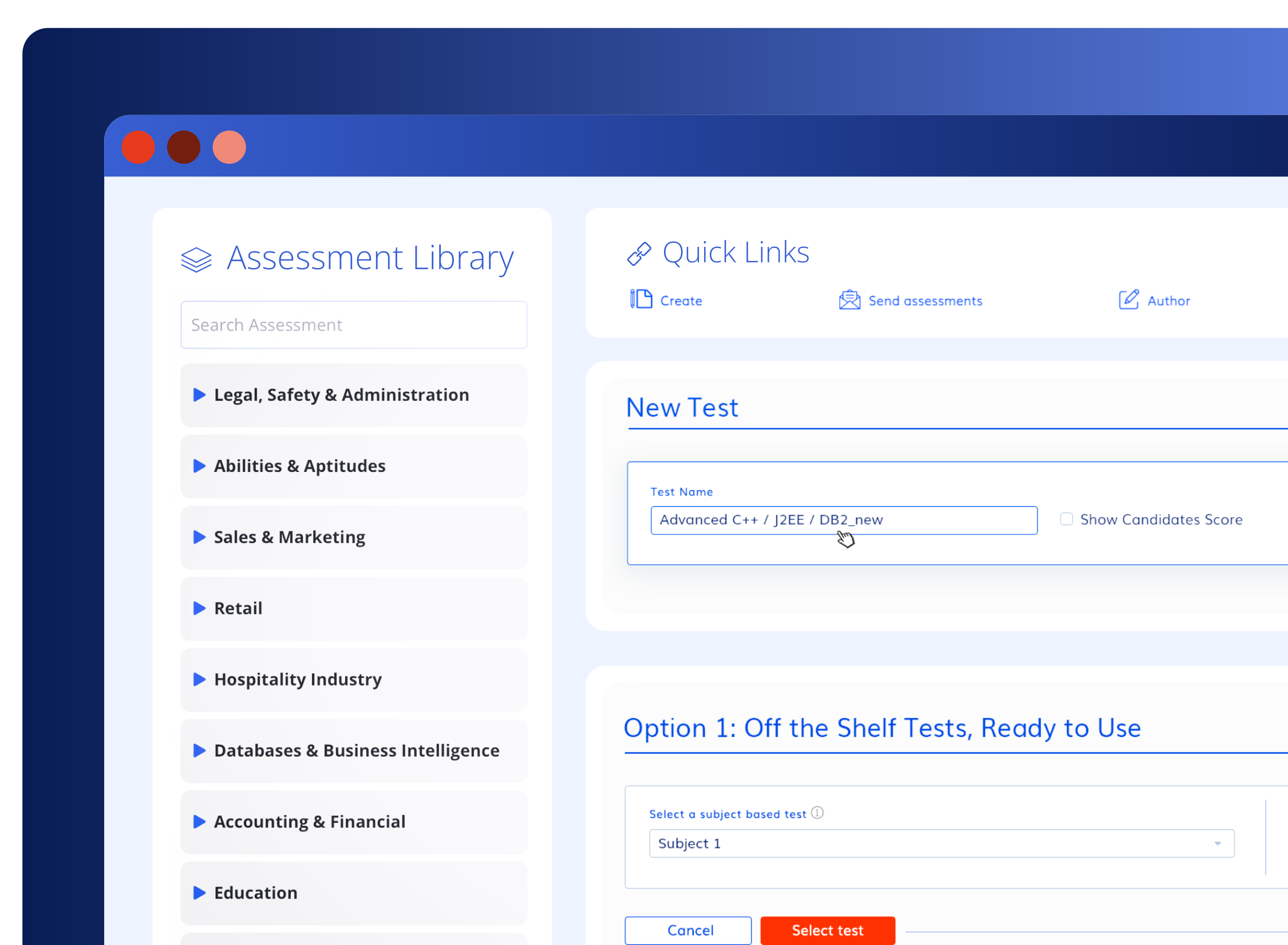eSkill graphic showing the options to search the assessment library and filter based on subject-based assessments and job-based assessments