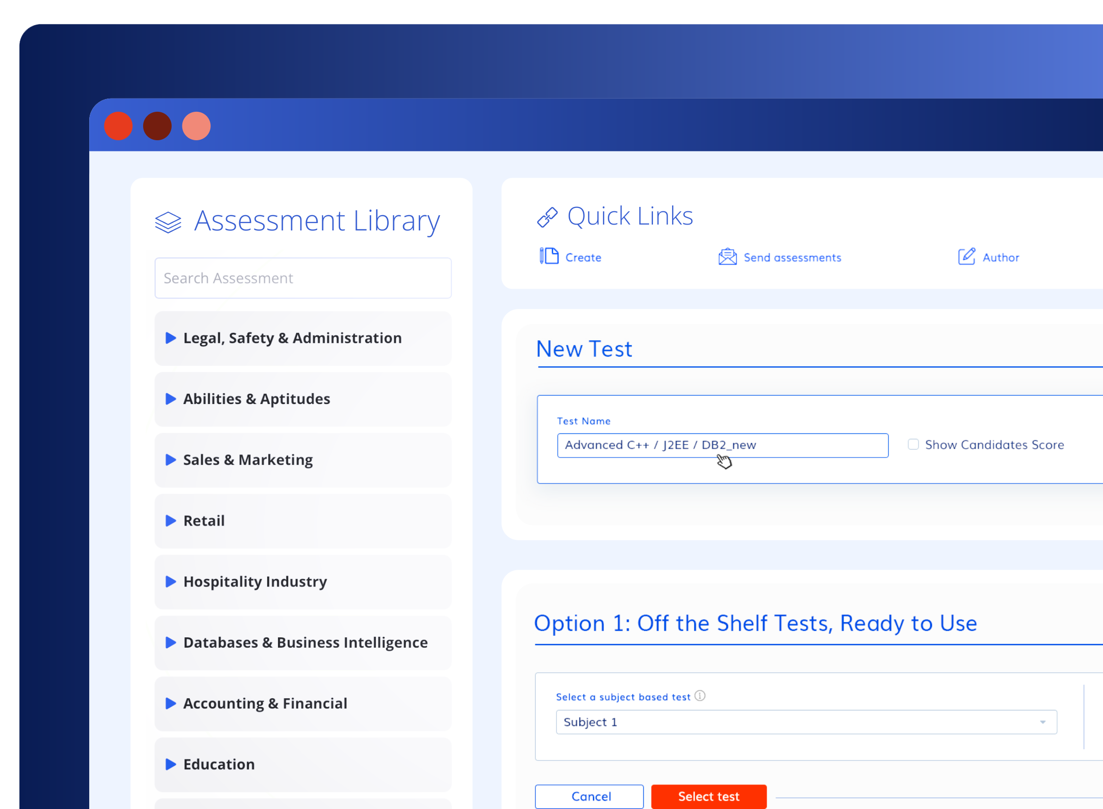 eSkill graphic showing the options to search the assessment library and filter based on subject-based assessments and job-based assessments
