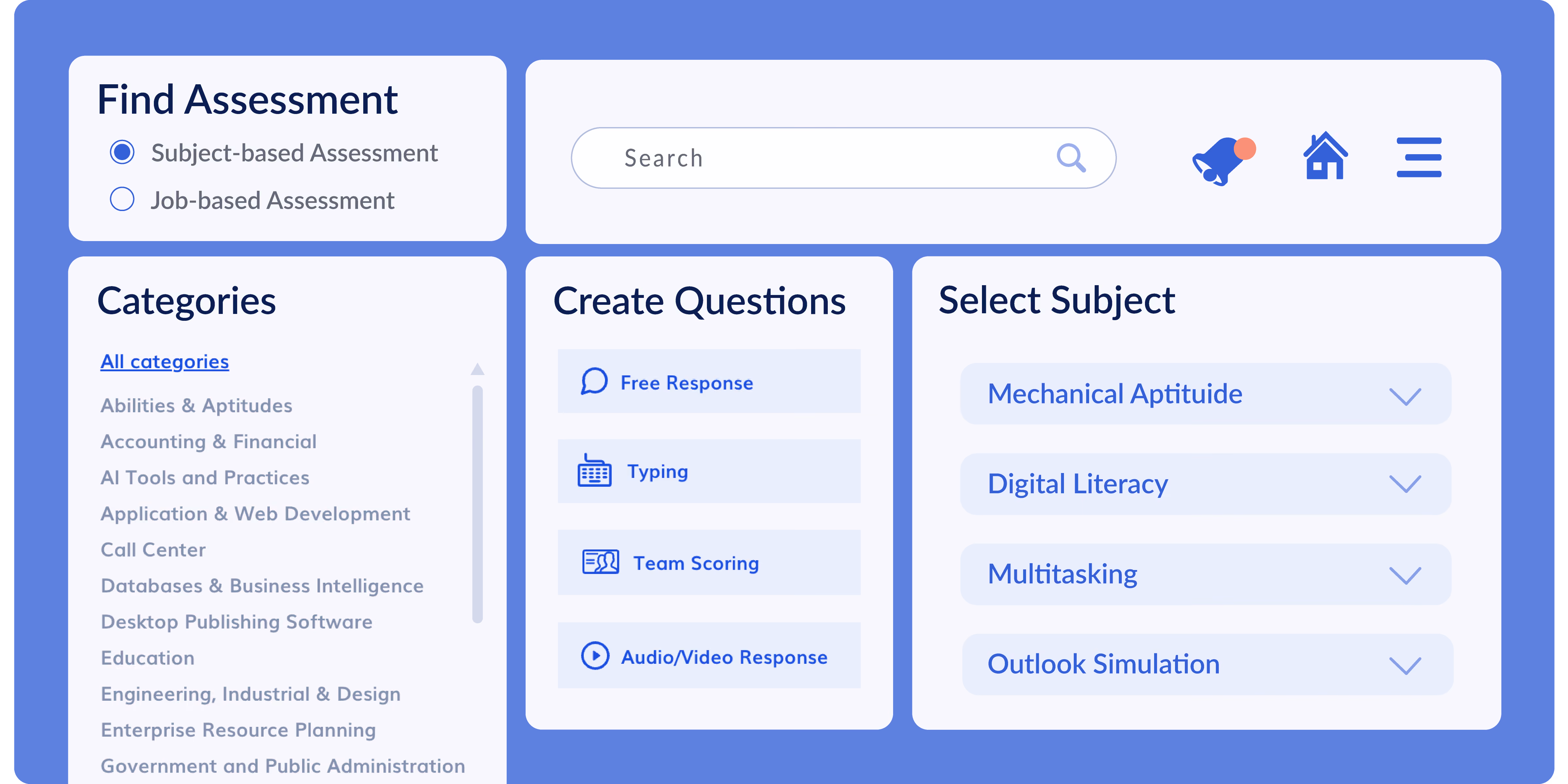 Assessment dashboard with options for subject/job-based tests, categories, question types, and subjects to select.