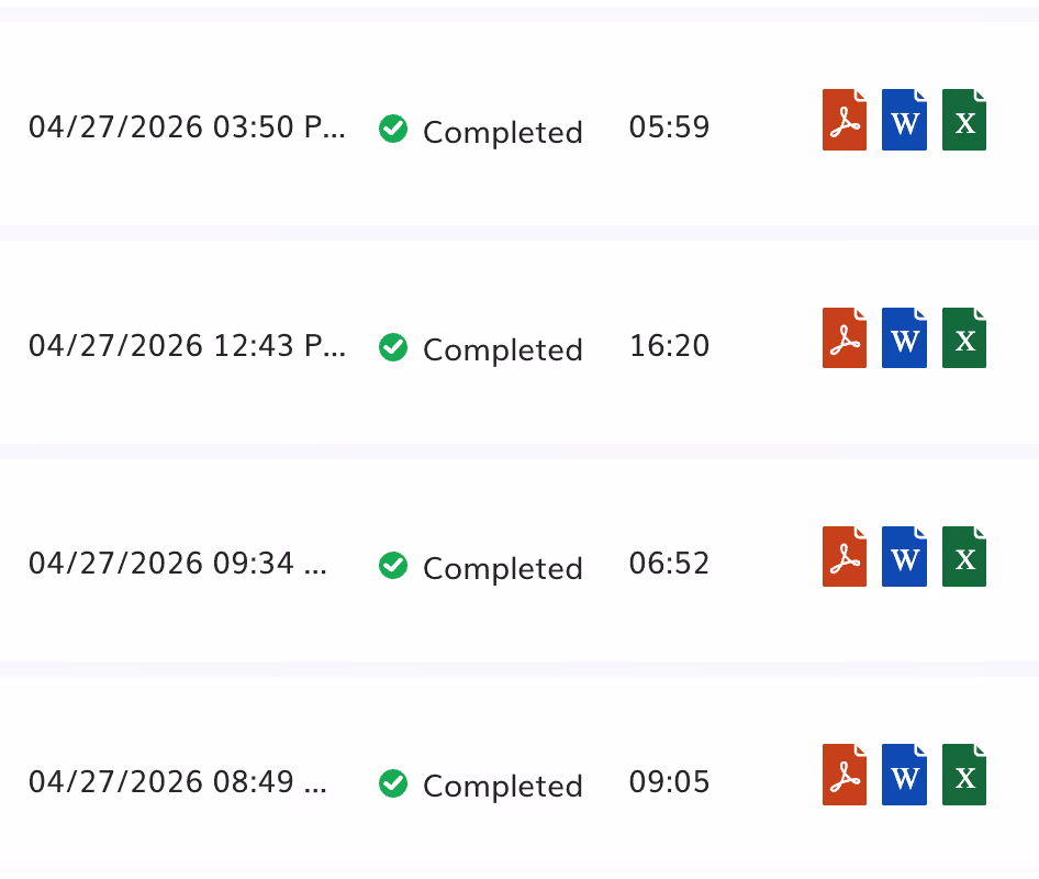 Table rows with dates, completed status, time durations, and PDF, Word, Excel file icons.