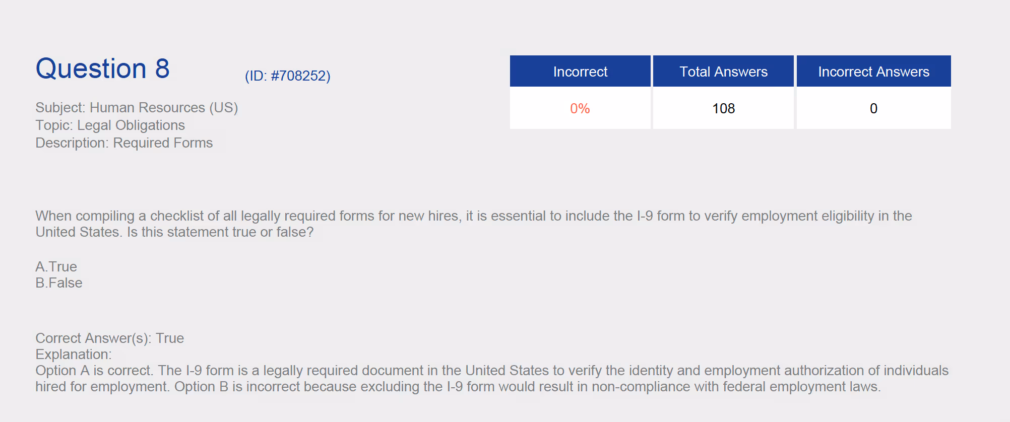 Human Resources quiz question on I-9 form legal requirement with 108 answers and 0% incorrect.