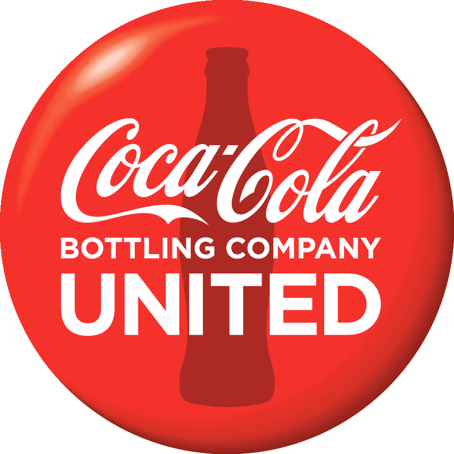 Red circular logo with Coca-Cola Bottling Company United text and bottle silhouette.