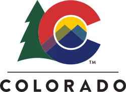 Colorado state logo with C letter, mountains, sun, and a green pine tree.