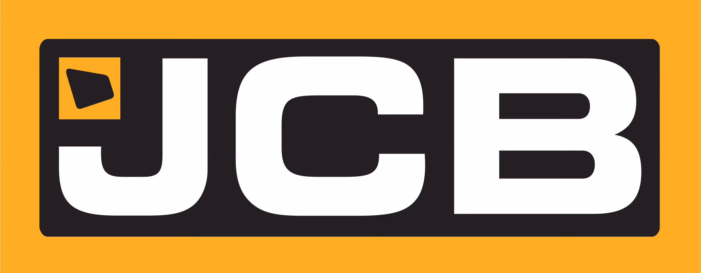 JCB logo with white letters on a black rectangle and an orange background.