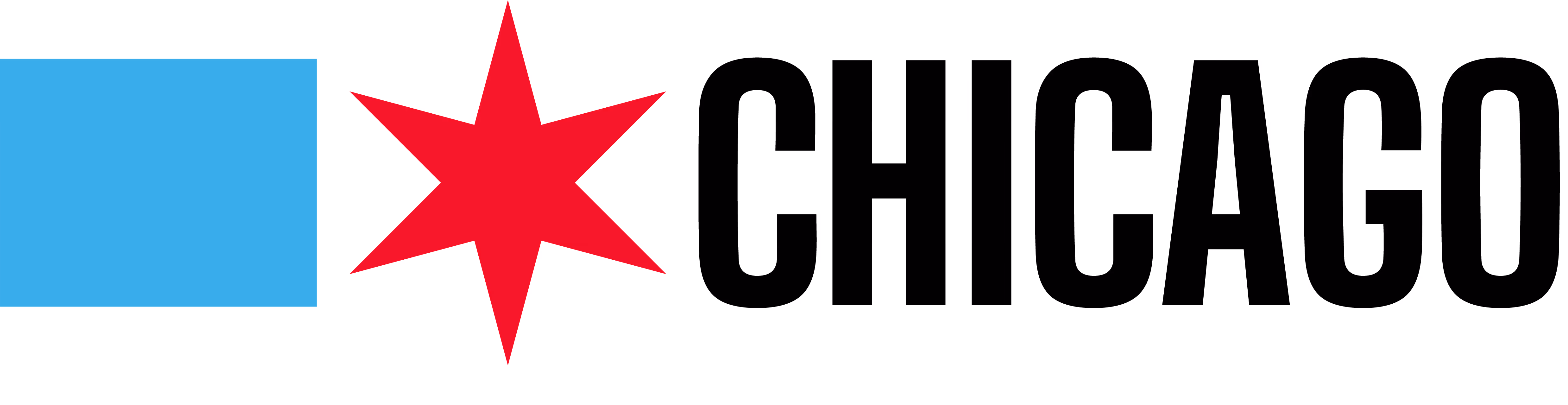 Blue square and red six-pointed star next to the word Chicago in bold black letters.