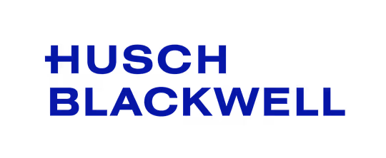 Husch Blackwell text logo in bold blue on a black background.
