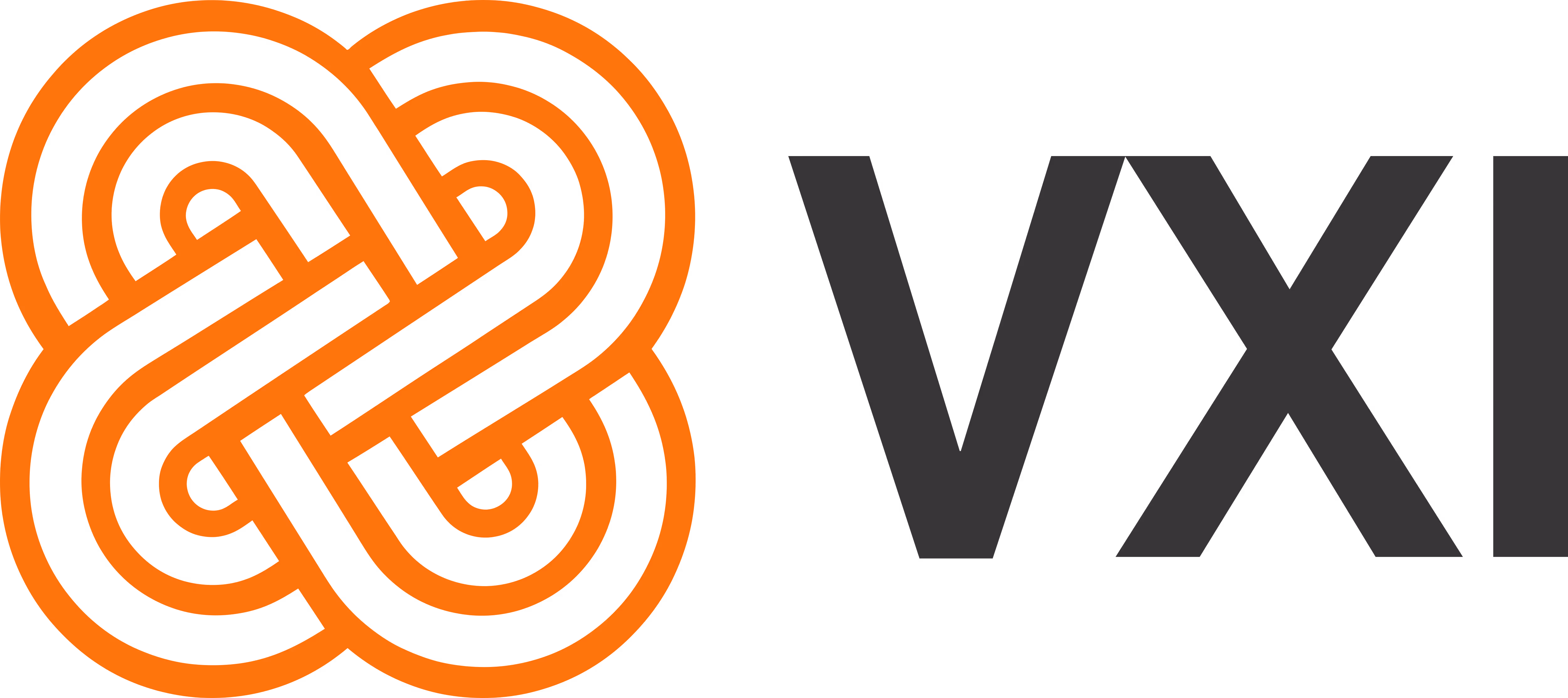 Interwoven orange heart-shaped lines forming a symmetrical logo next to dark gray text VXI.