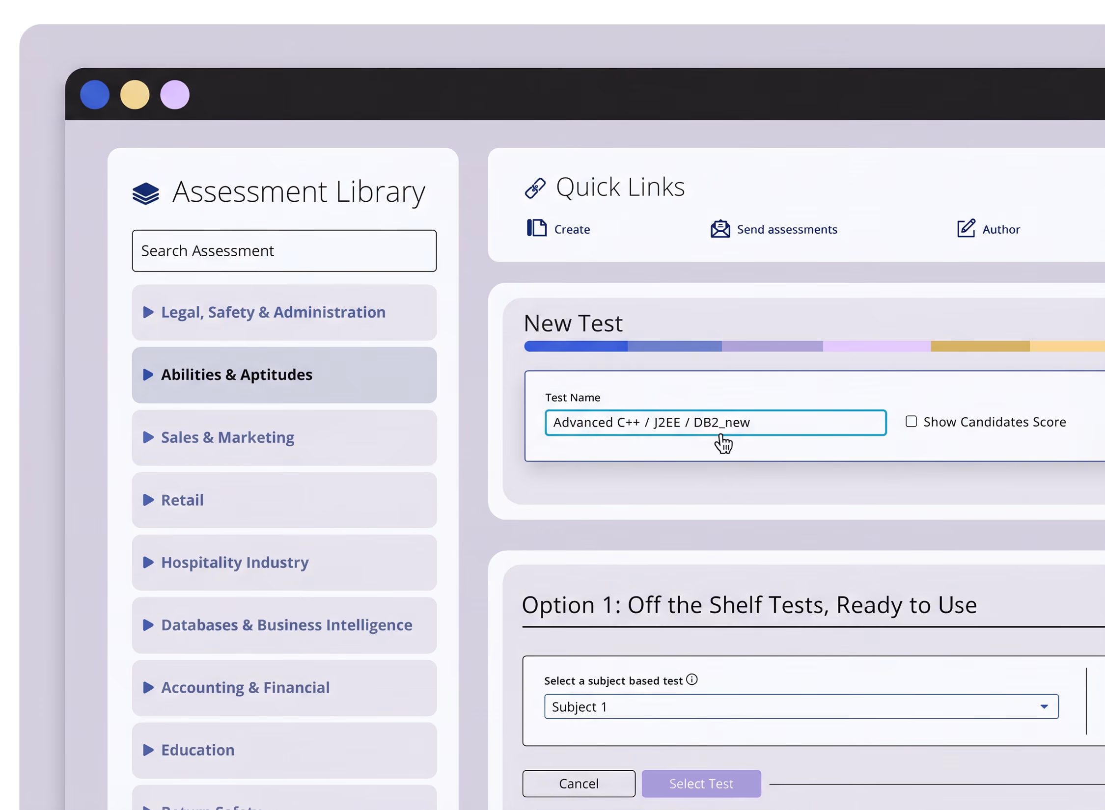 eSkill graphic showing the options to search the assessment library and filter based on subject-based assessments and job-based assessments