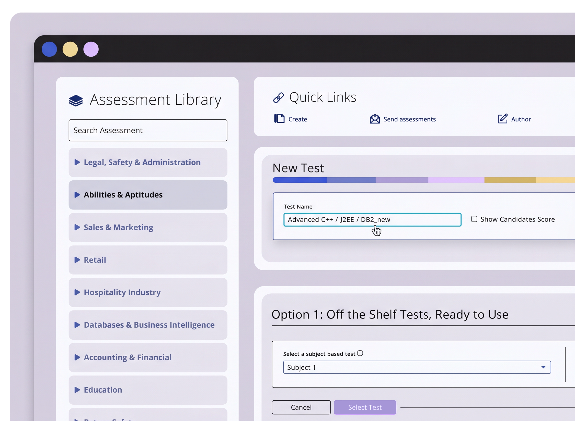eSkill graphic showing the options to search the assessment library and filter based on subject-based assessments and job-based assessments