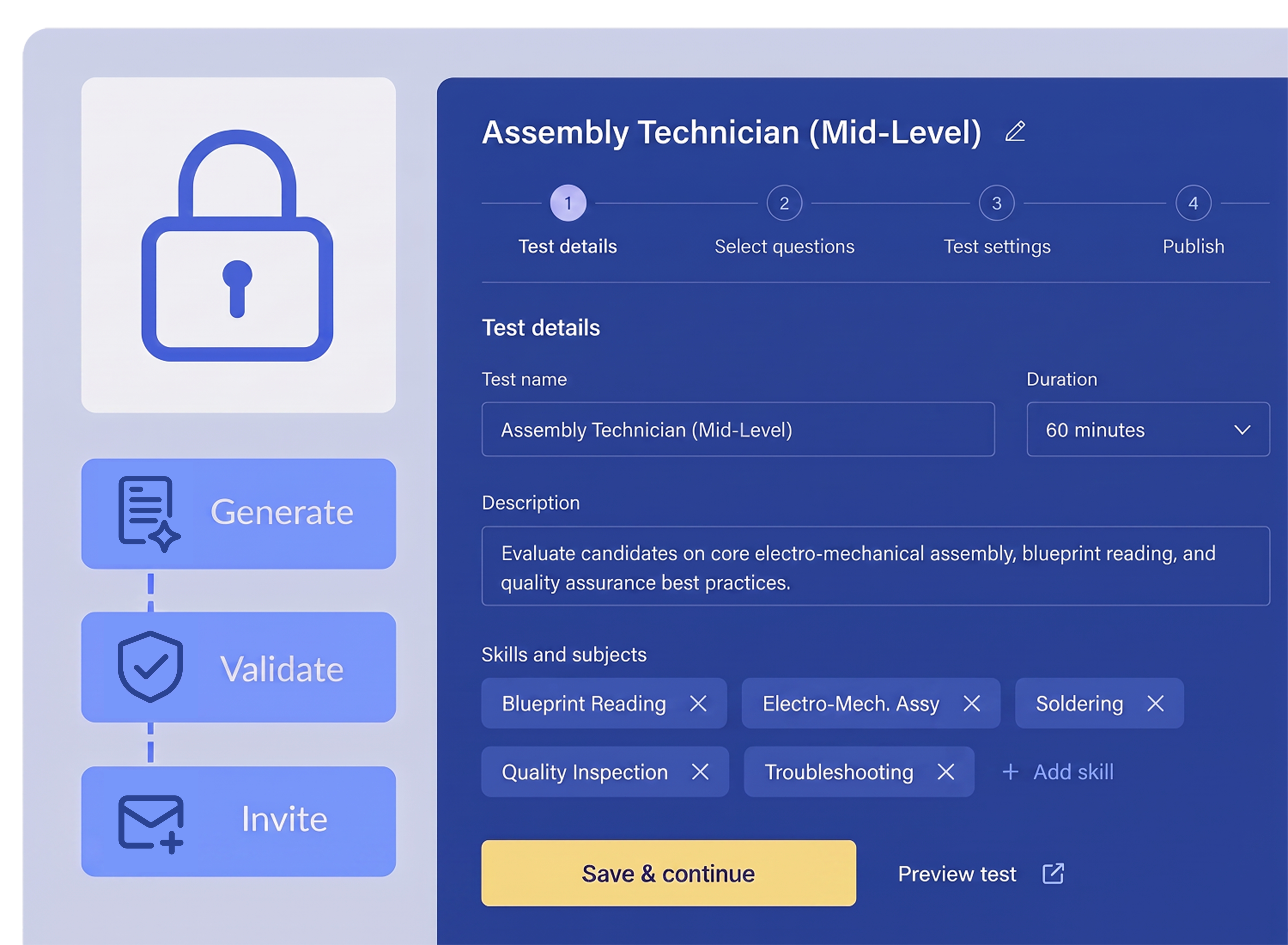 Test setup screen for Assembly Technician mid-level role showing test details, skills, and navigation steps.