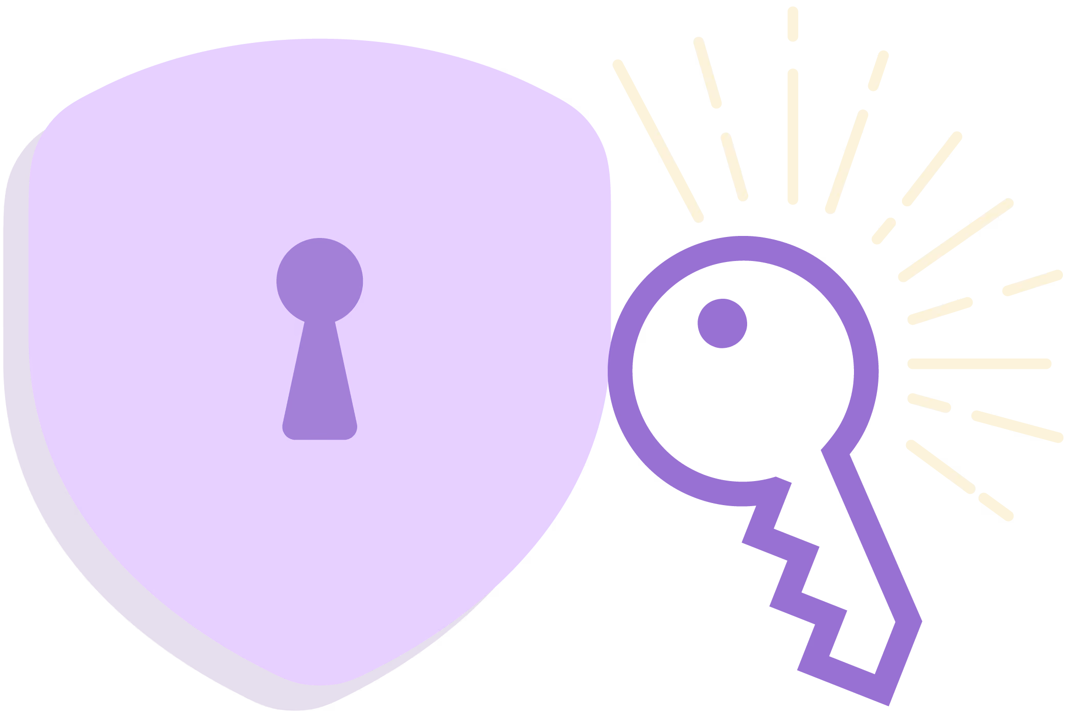 Purple shield with keyhole and a purple key with rays symbolizing security or access.