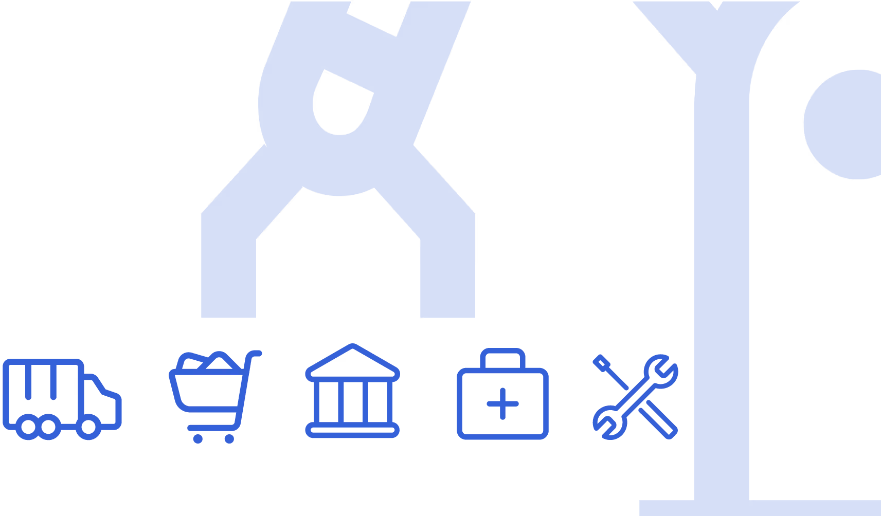 Graphic of a robotic arm above icons of a truck, shopping cart, bank, medical kit, and wrench and screwdriver.