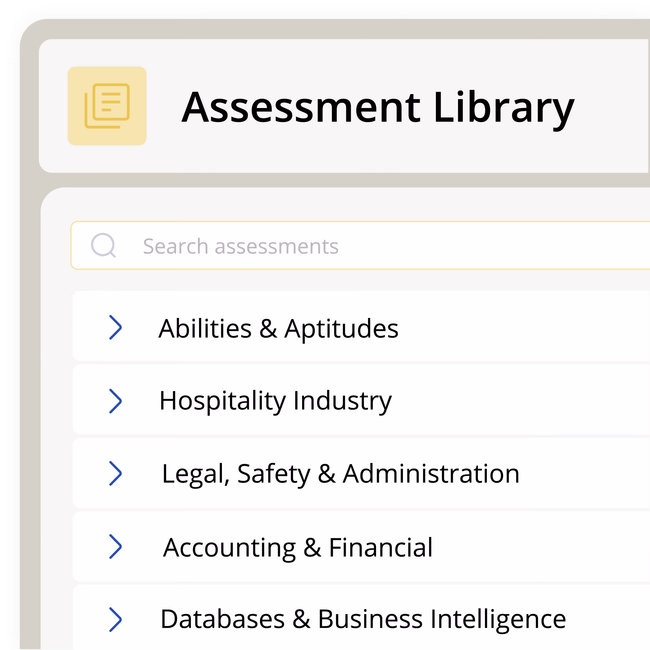eSkill graphic showing the options to search the assessment library and filter based on subject-based assessments and job-based assessments