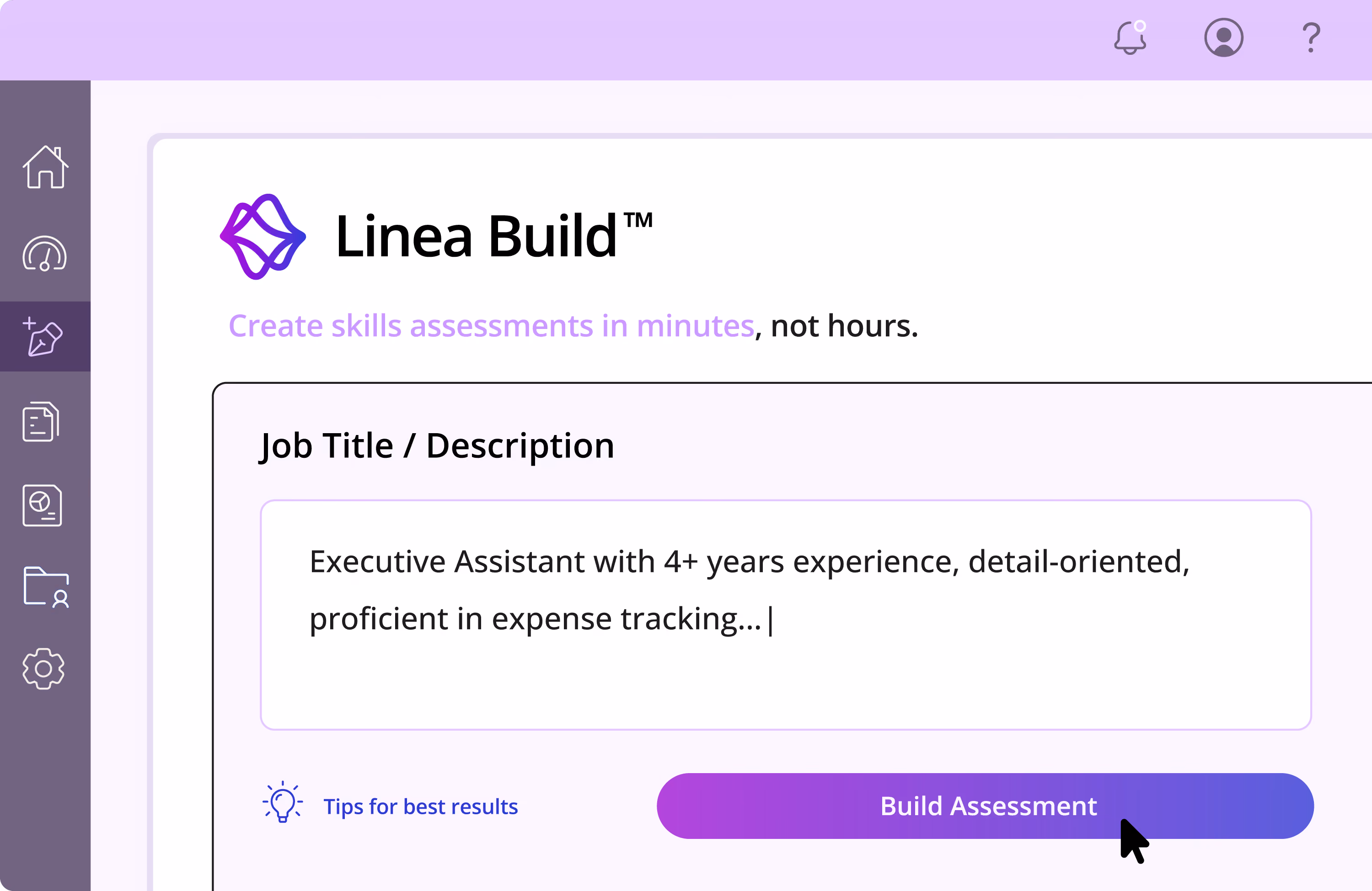 Linea Build platform interface showing job title input and a 'Build Assessment' button clicked by cursor.