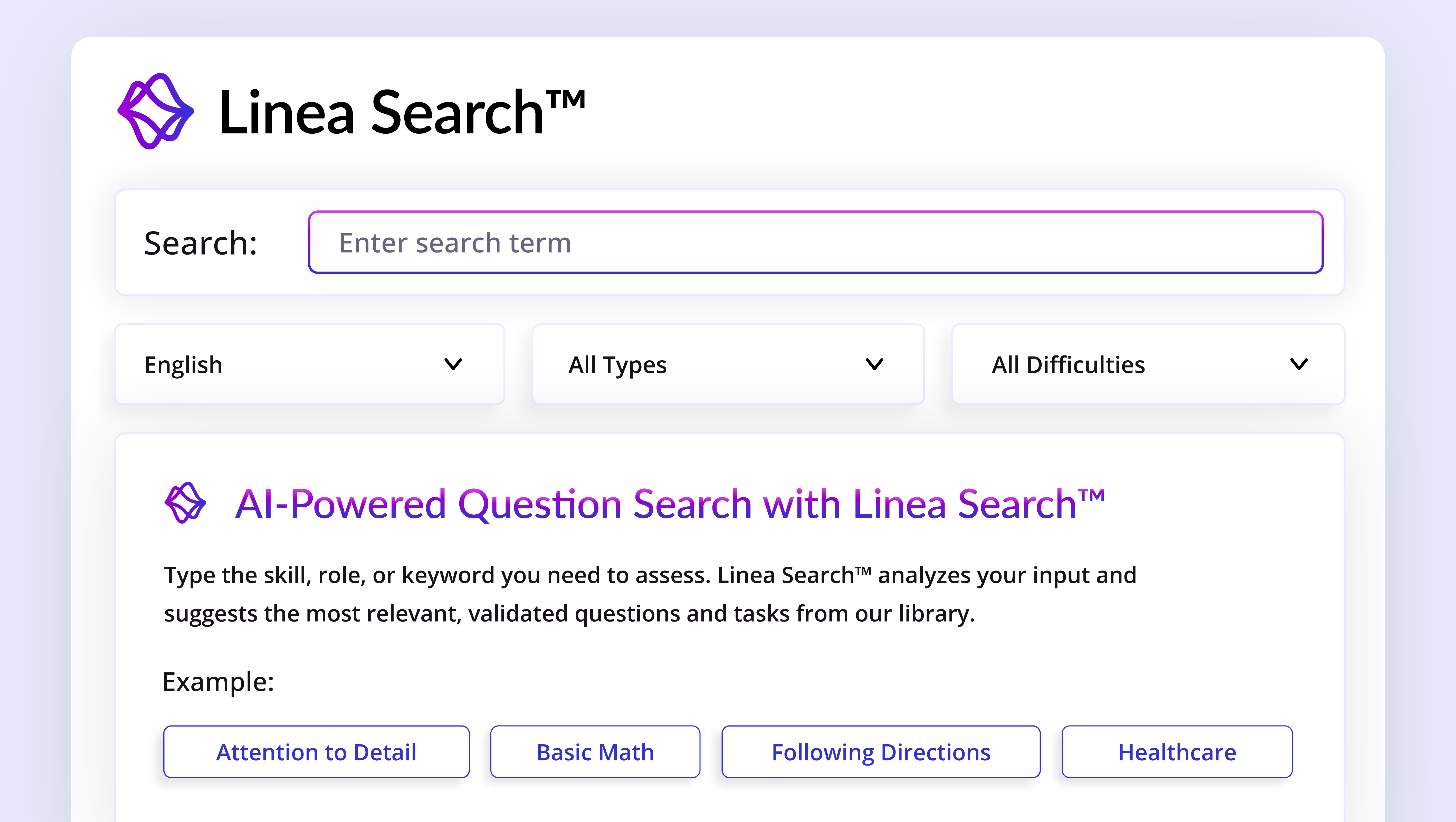Linea Search interface with search bar, filters for language, type, difficulty, and example skill buttons.