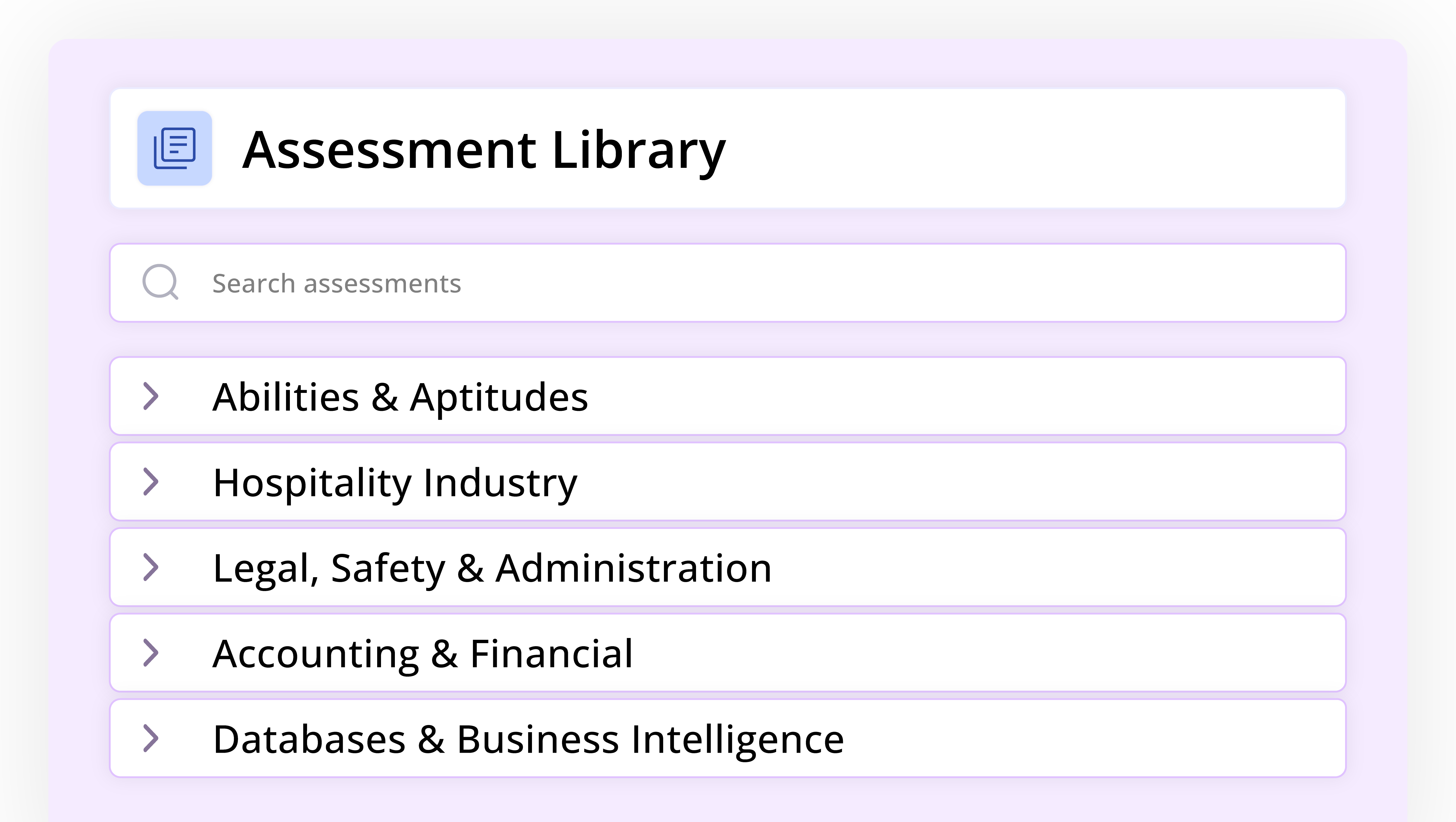 Assessment Library interface with search bar and categories like Abilities, Hospitality, Legal, Accounting, and Databases.