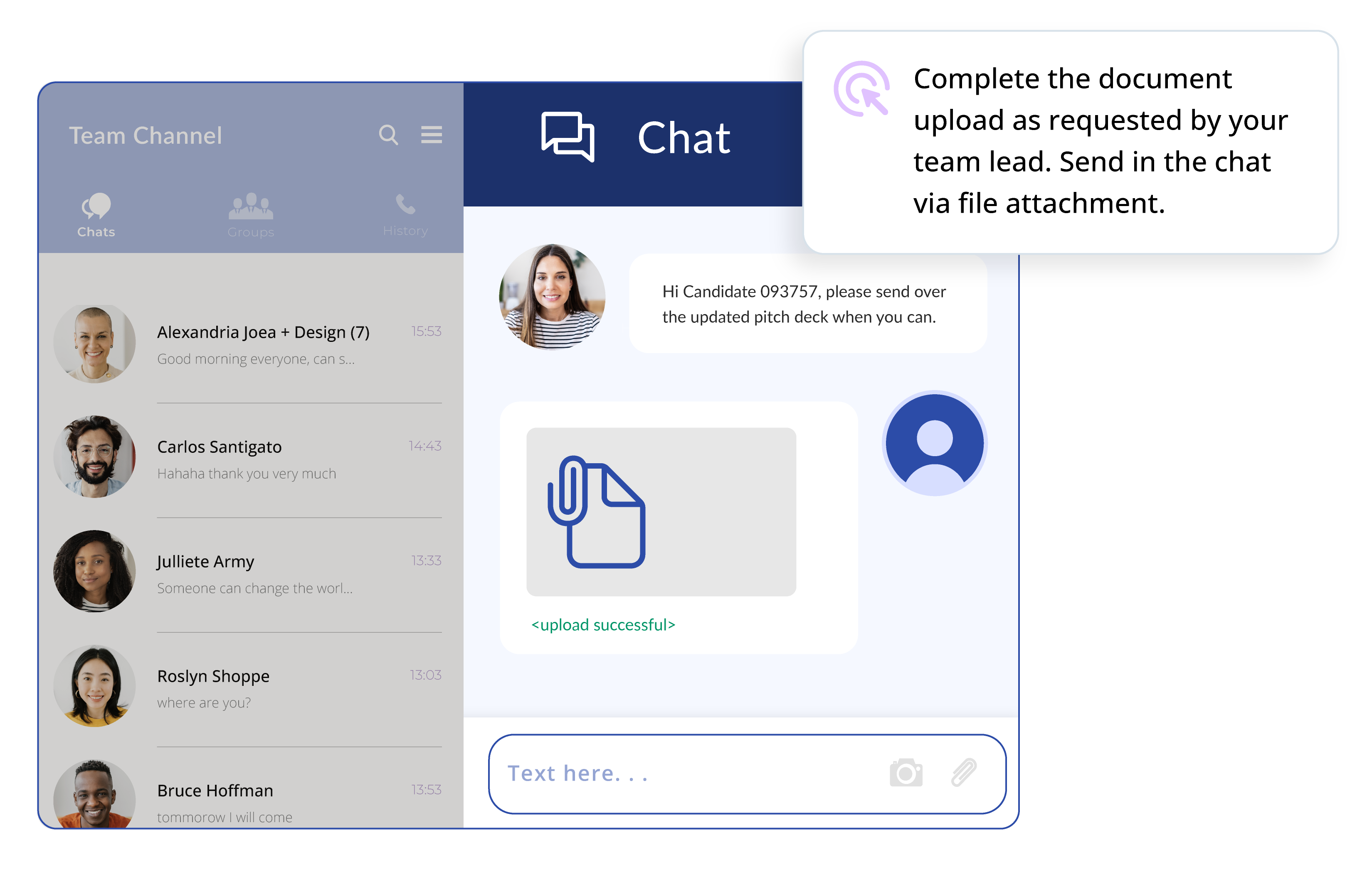 Chat window showing a request to send updated pitch deck and a file upload confirmation.