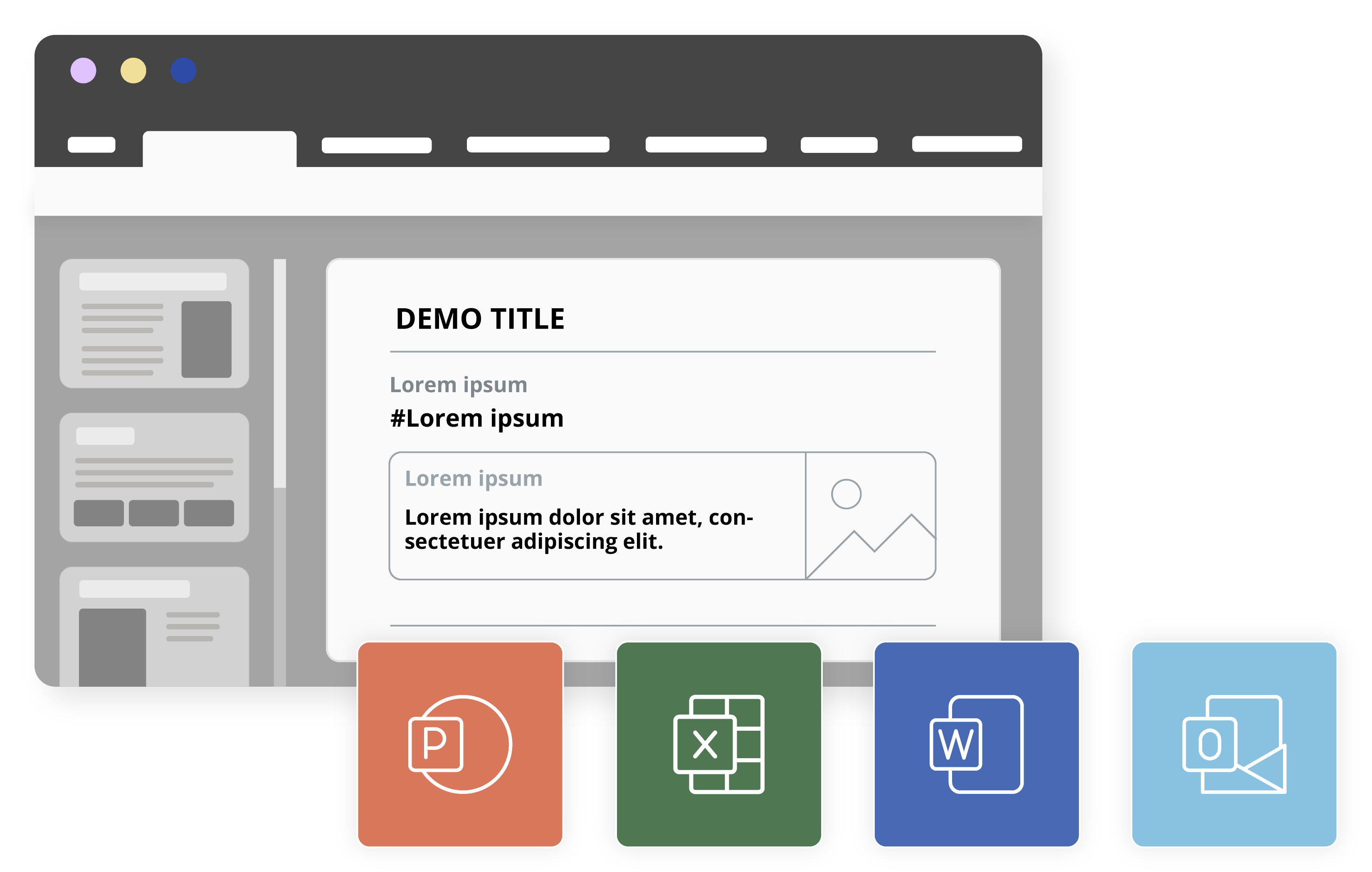 Browser window with a demo slide and icons for PowerPoint, Excel, Word, and Outlook below it.