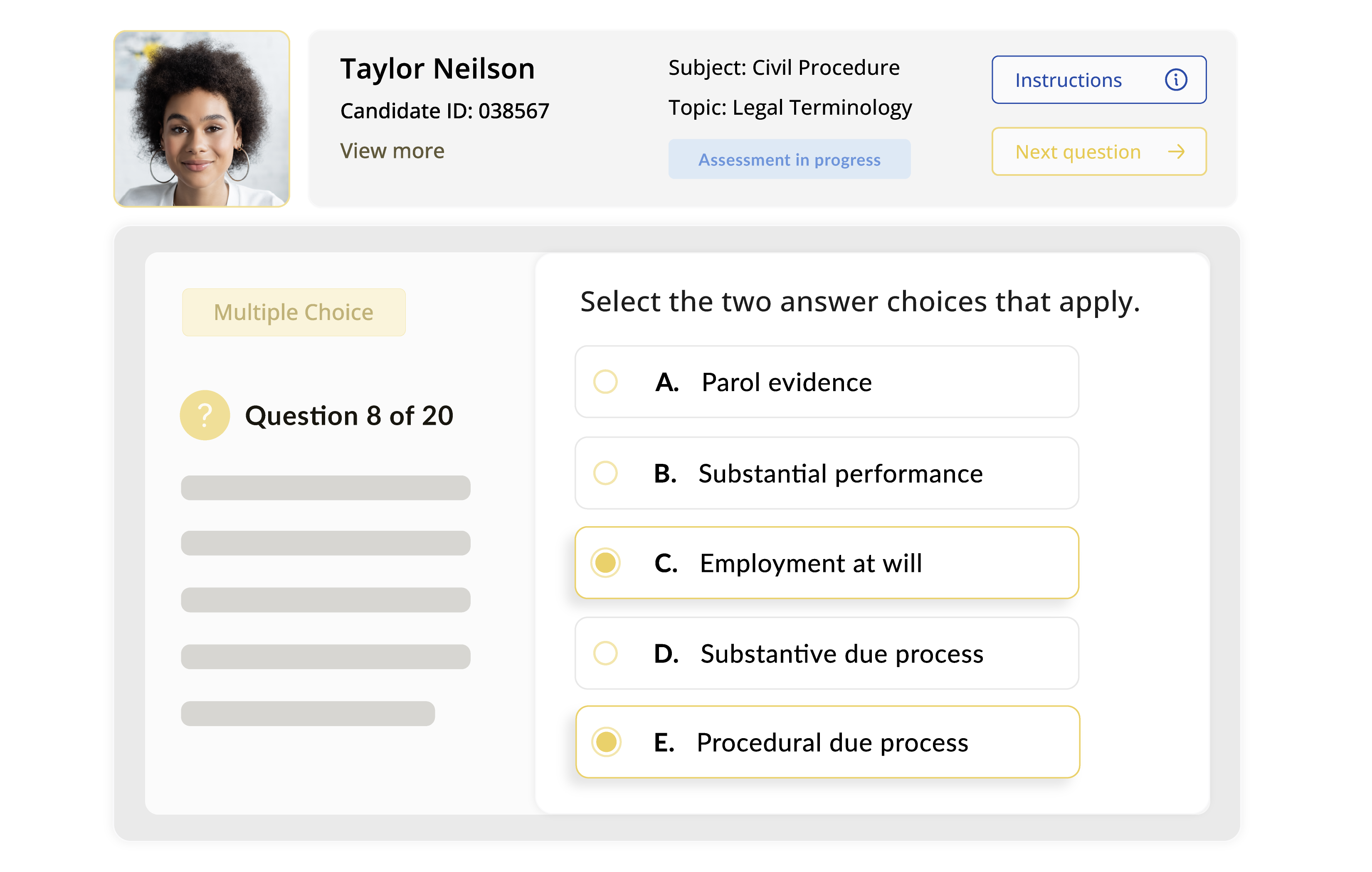 Multiple choice question showing answer selections C Employment at will and E Procedural due process selected.