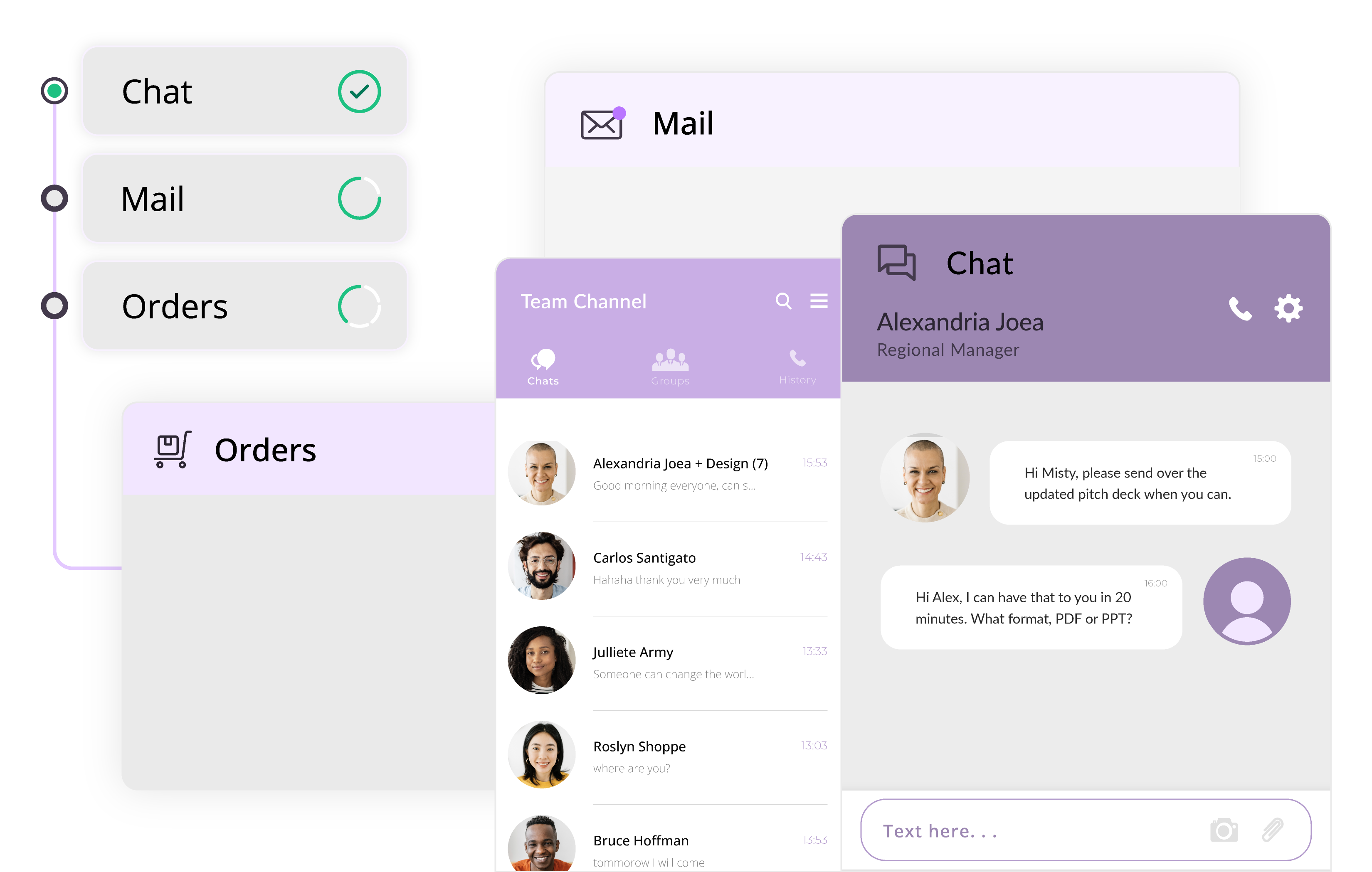 User interface showing chat, mail, and orders tabs, with active chat messages between Alexandria and Misty.