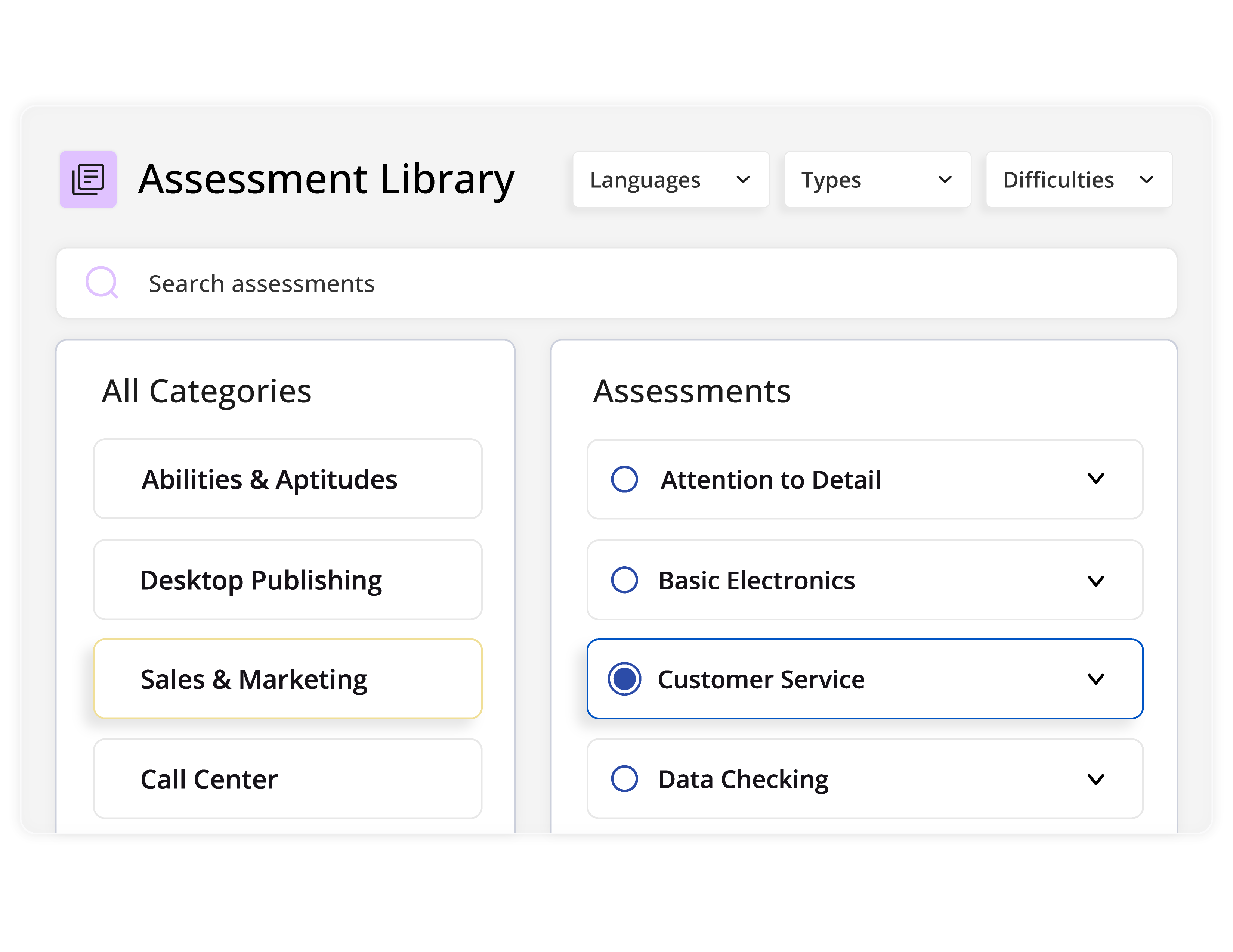 Assessment Library interface with categories and assessments; Sales & Marketing and Customer Service selected.