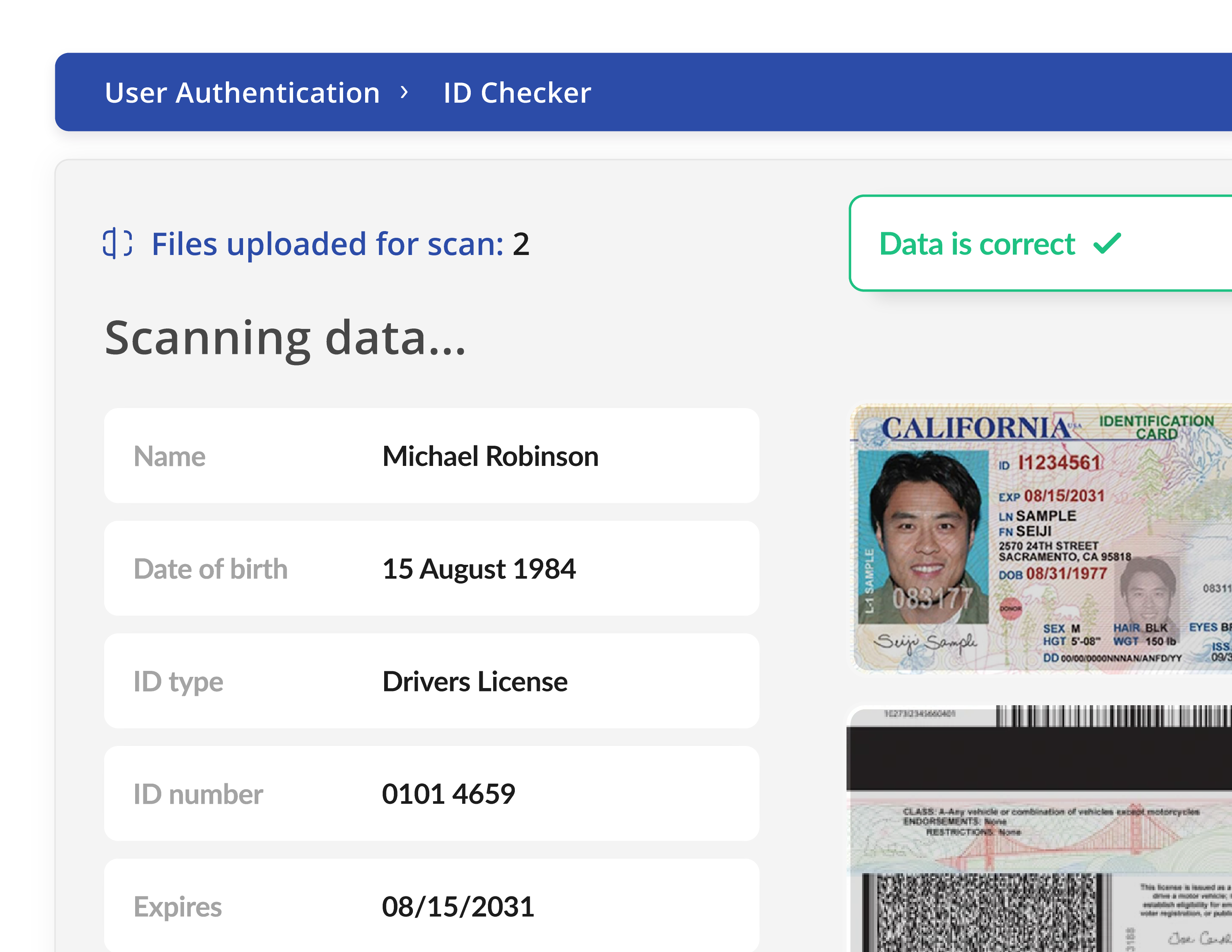 User authentication interface scanning driver license details with name, birthdate, ID number, and expiry date.