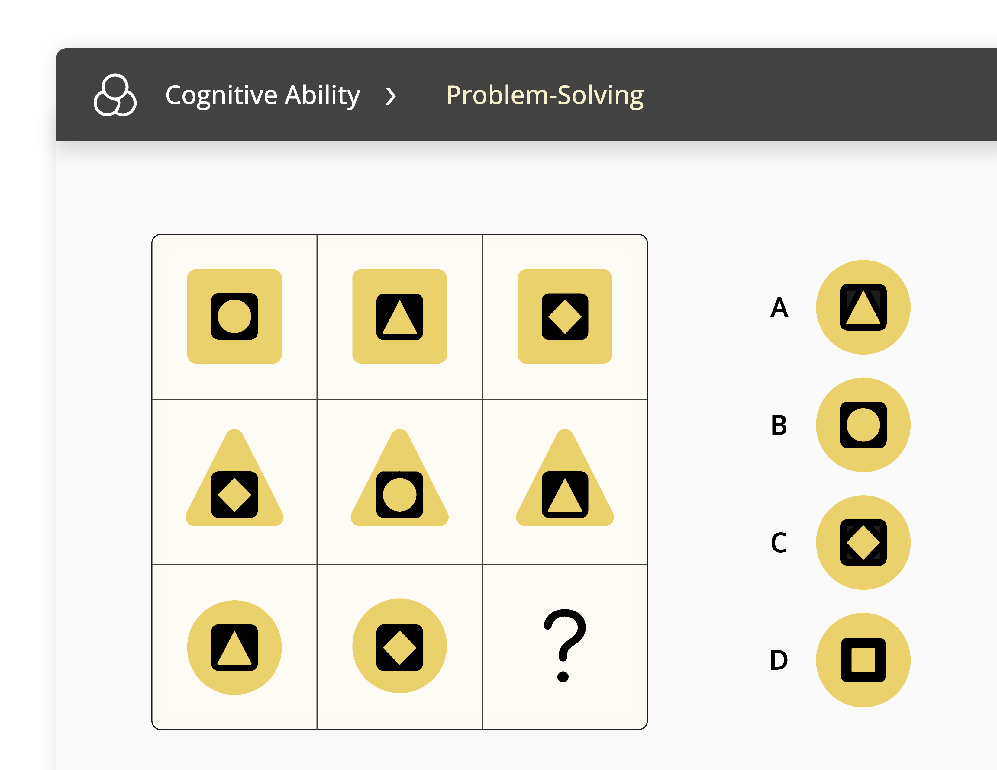 3x3 cognitive ability problem-solving puzzle with black shapes inside colored shapes and four answer options.