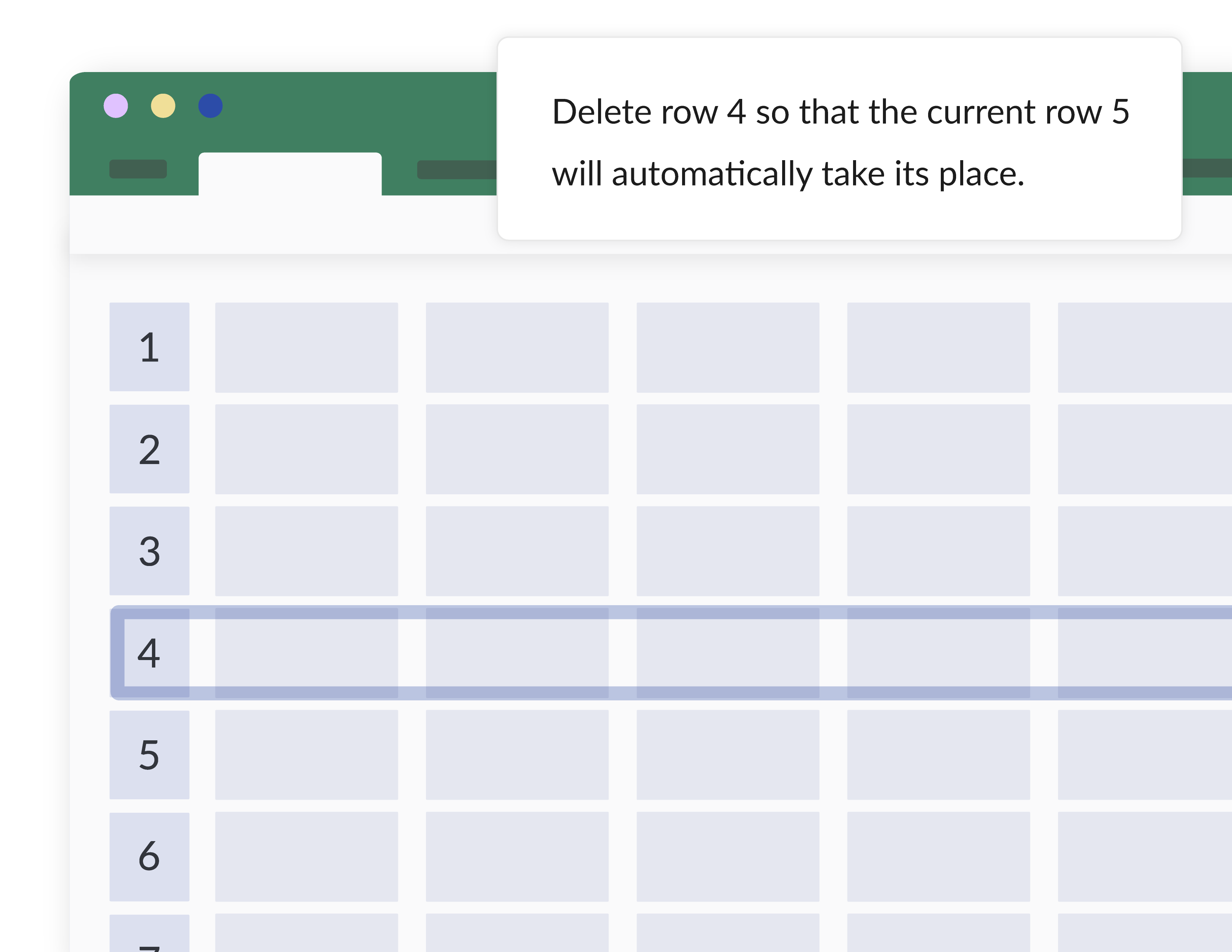 Spreadsheet with row 4 highlighted and a tooltip instructing to delete row 4 so row 5 shifts up.