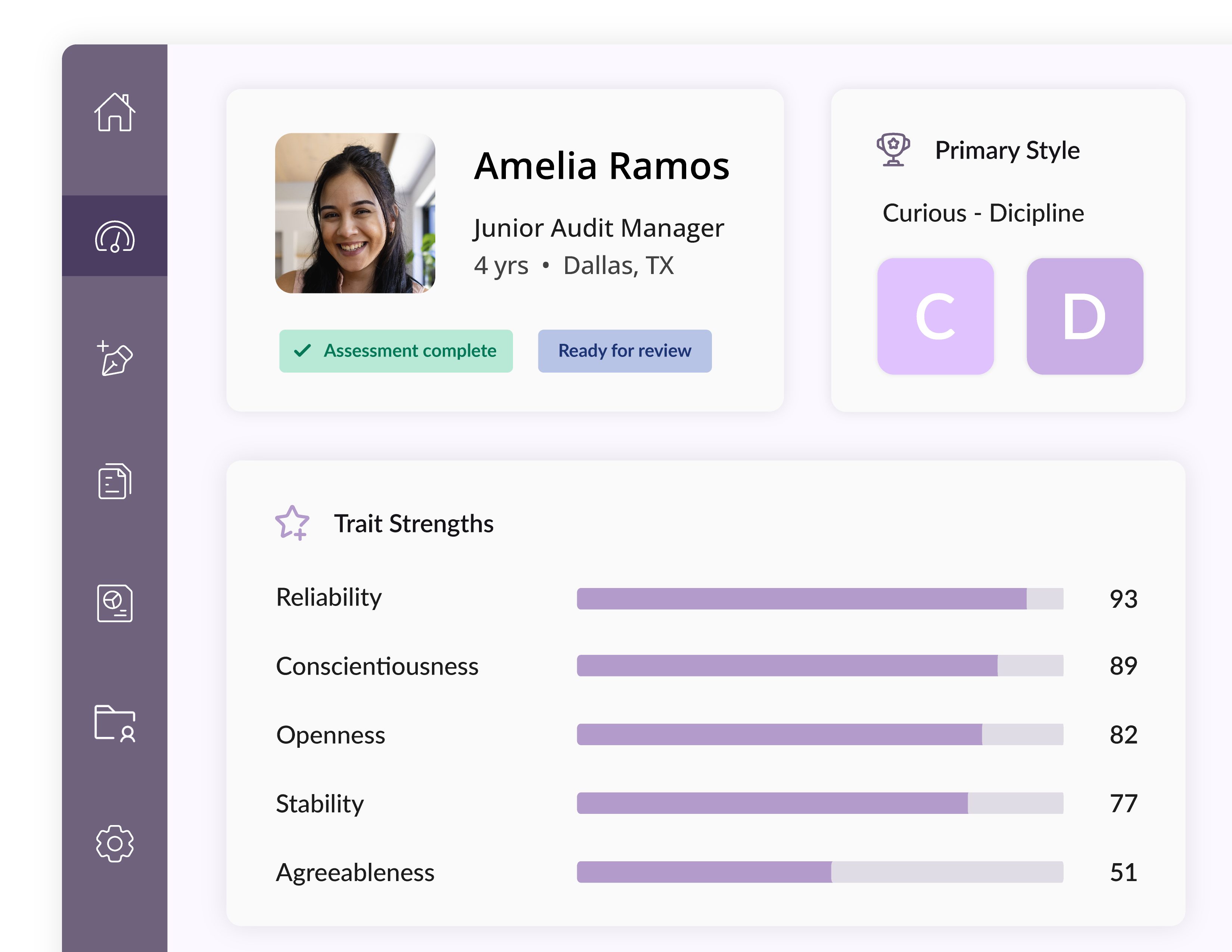 Profile of Amelia Ramos, Junior Audit Manager in Dallas, with trait strengths and primary style Curious-Discipline.