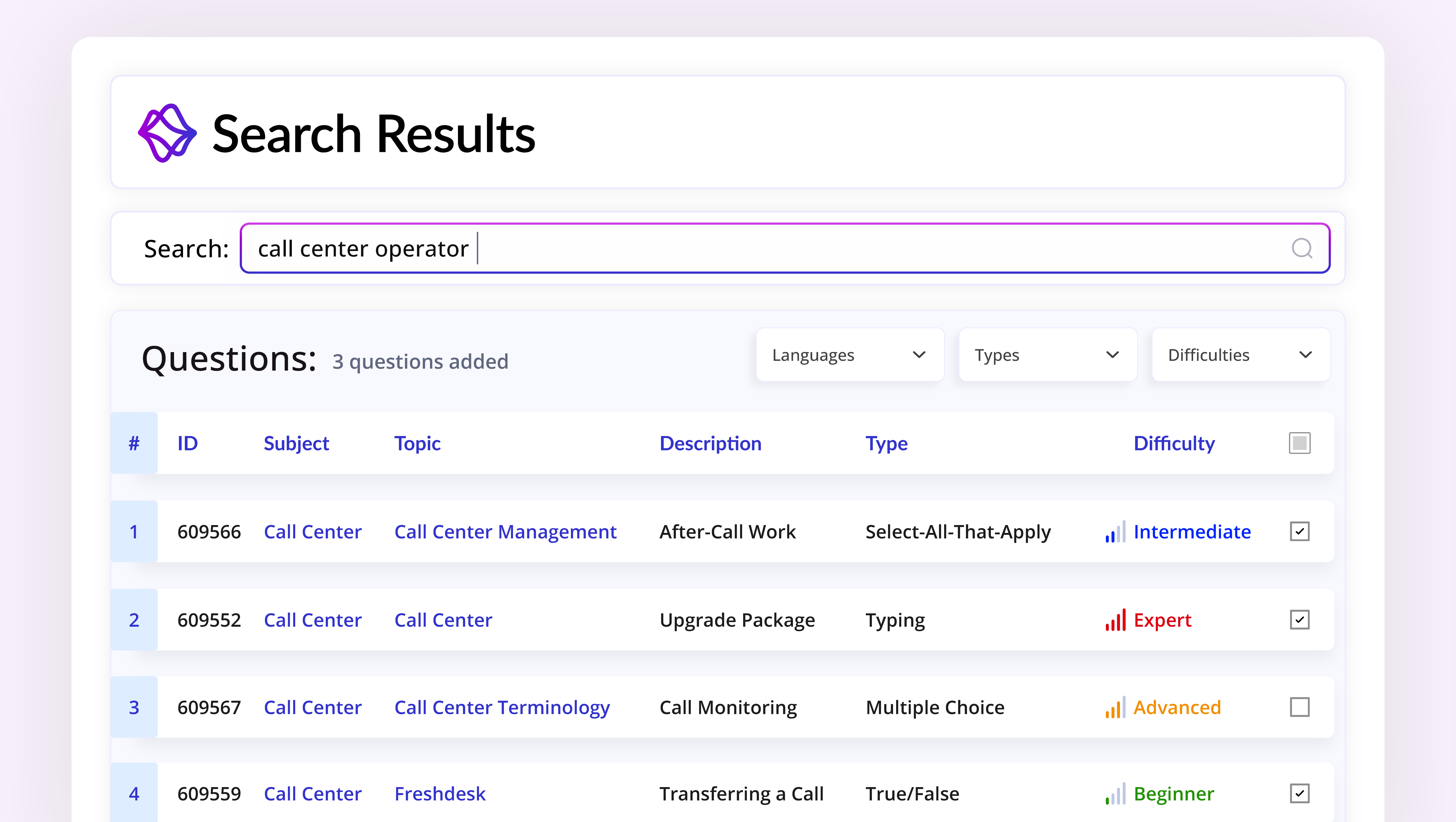 Search results for call center operator showing questions with subjects, topics, types, and difficulty levels.
