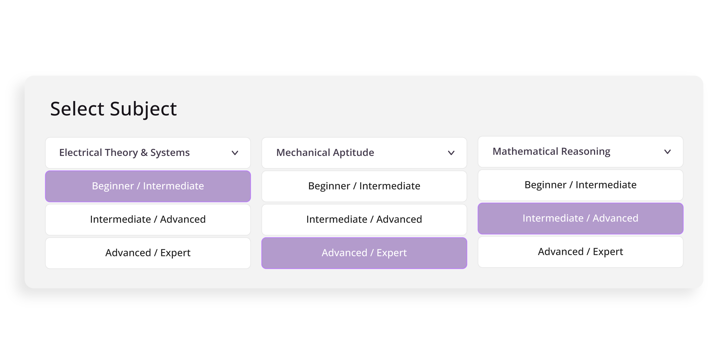 Select subject with difficulty options for Electrical Theory, Mechanical Aptitude, and Mathematical Reasoning.