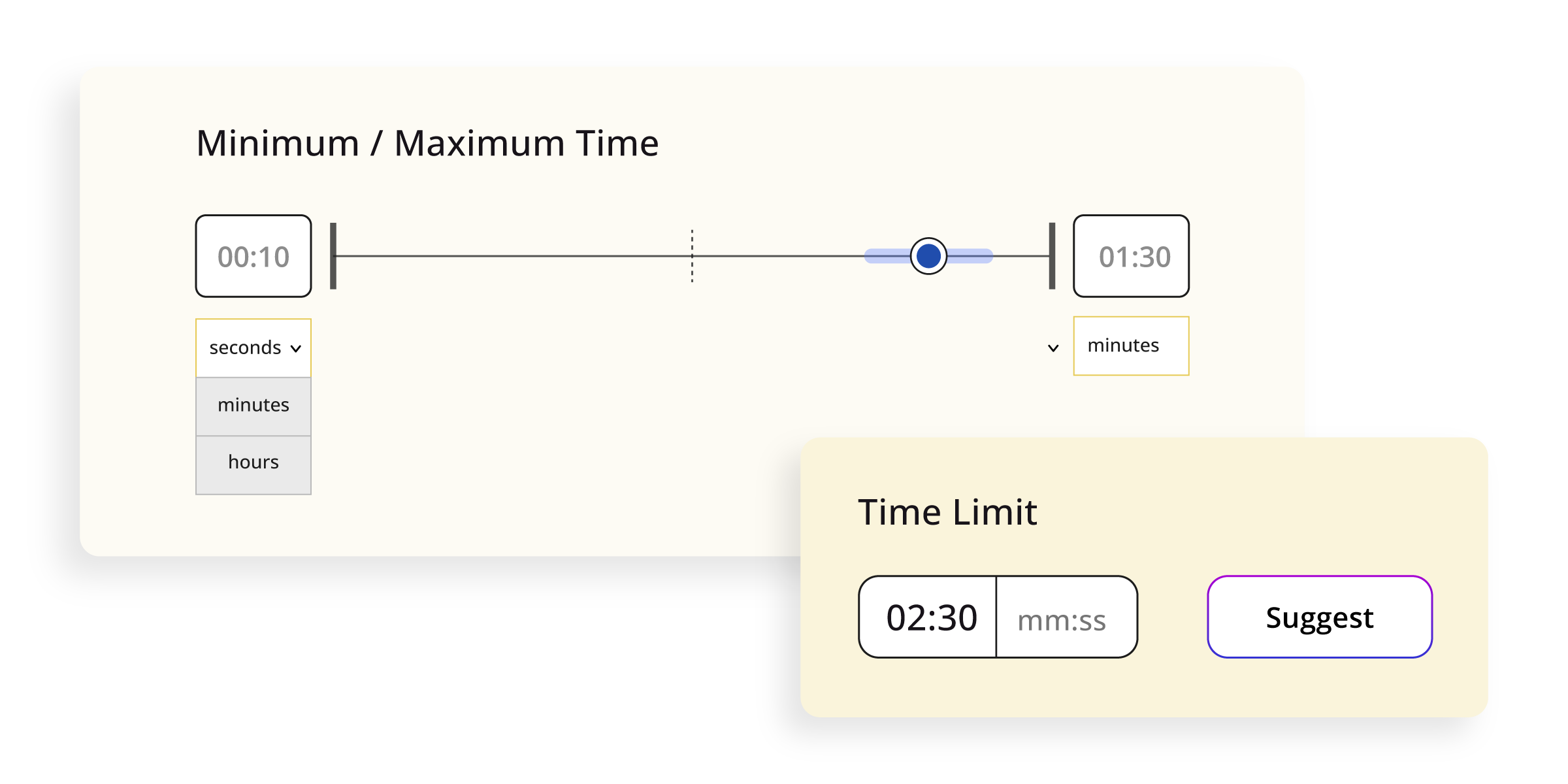 Interface with minimum and maximum time sliders and a time limit set to 02:30 with a suggest button.