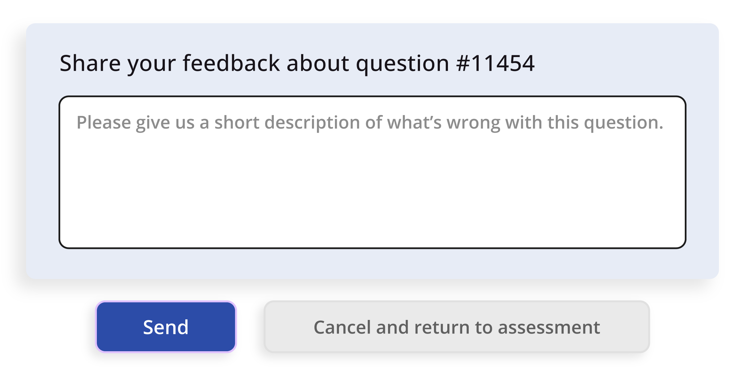 Feedback form asking to describe what is wrong with question #11454 with send and cancel buttons.