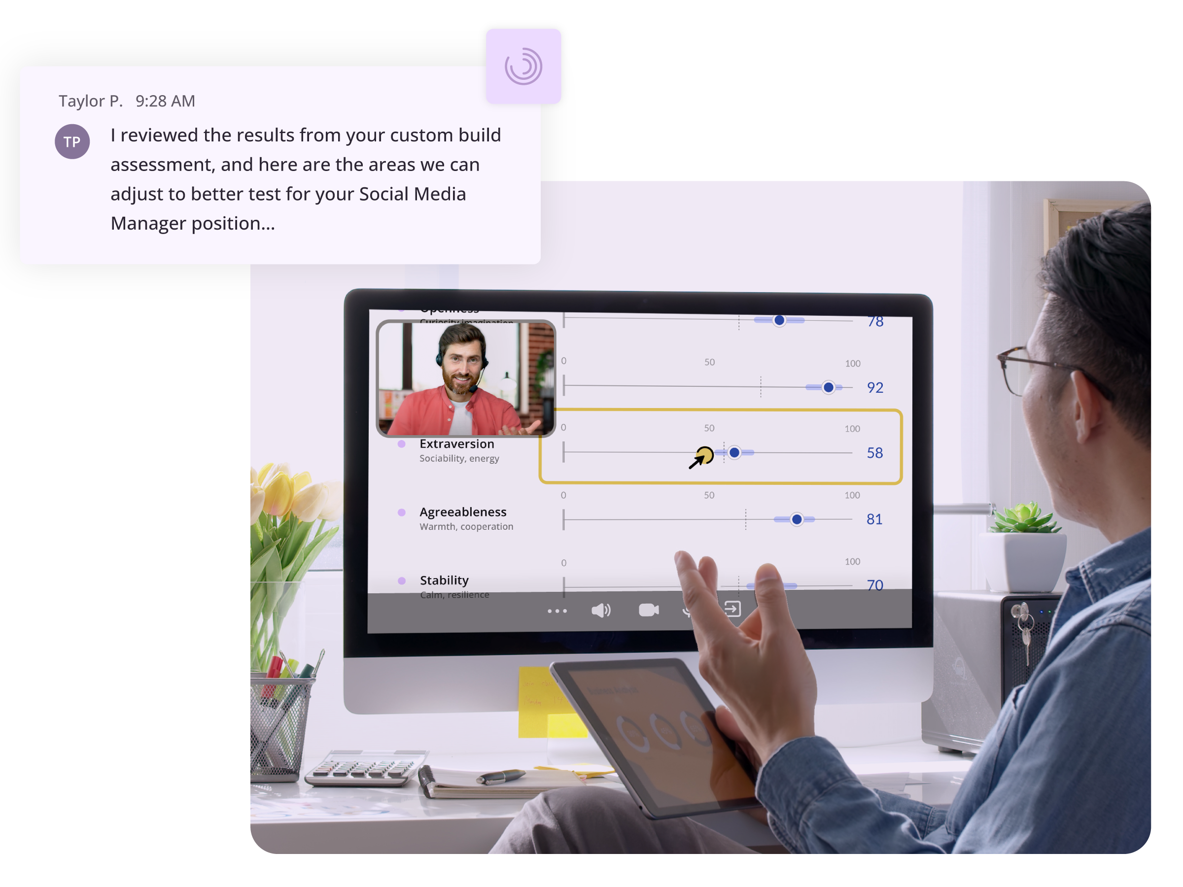 Person video conferencing on desktop showing personality scores for extraversion, agreeableness, and stability.