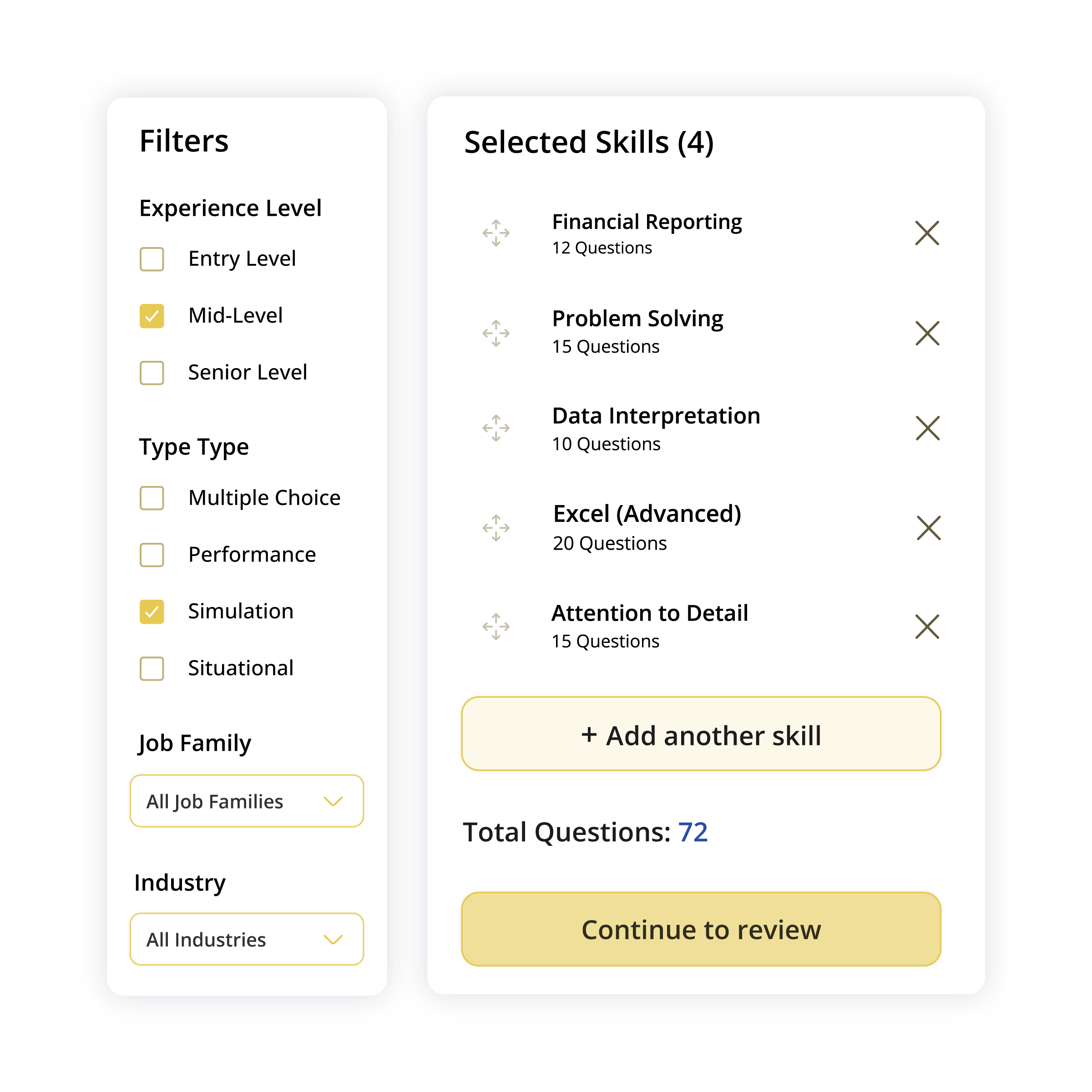 Filter panel with mid-level experience and simulation selected, showing 4 selected skills totaling 72 questions.