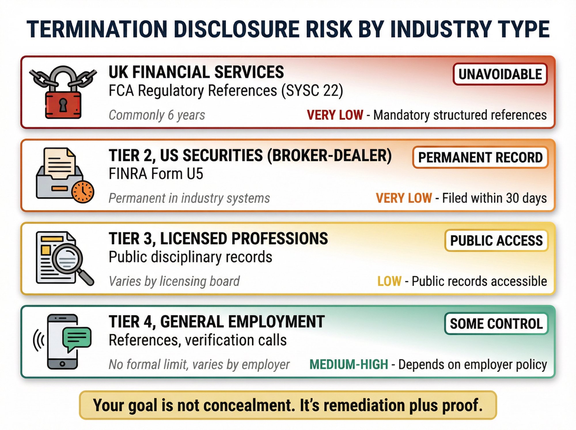 Four-tier industry risk diagram showing mandatory termination disclosure requirements by sector