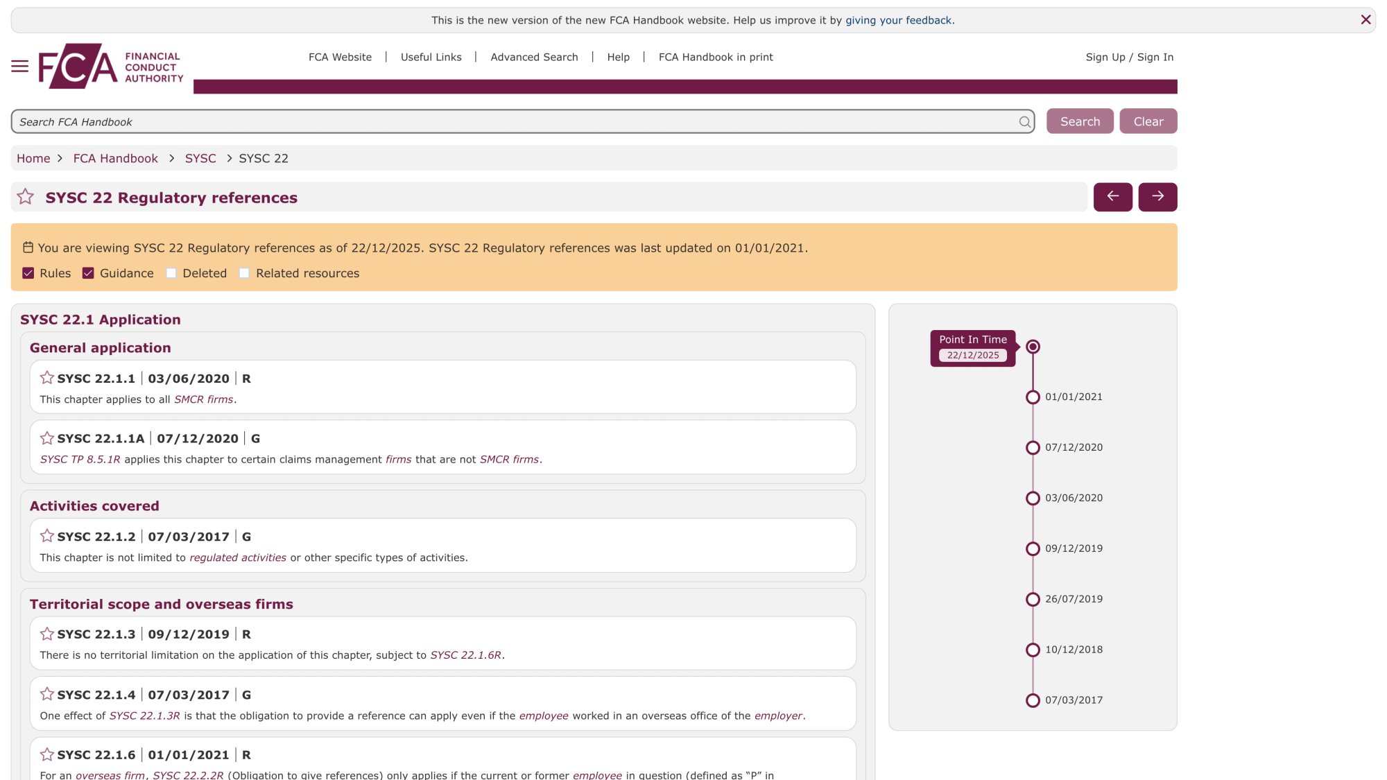 FCA Handbook SYSC 22 regulatory reference requirements page showing mandatory disclosure framework