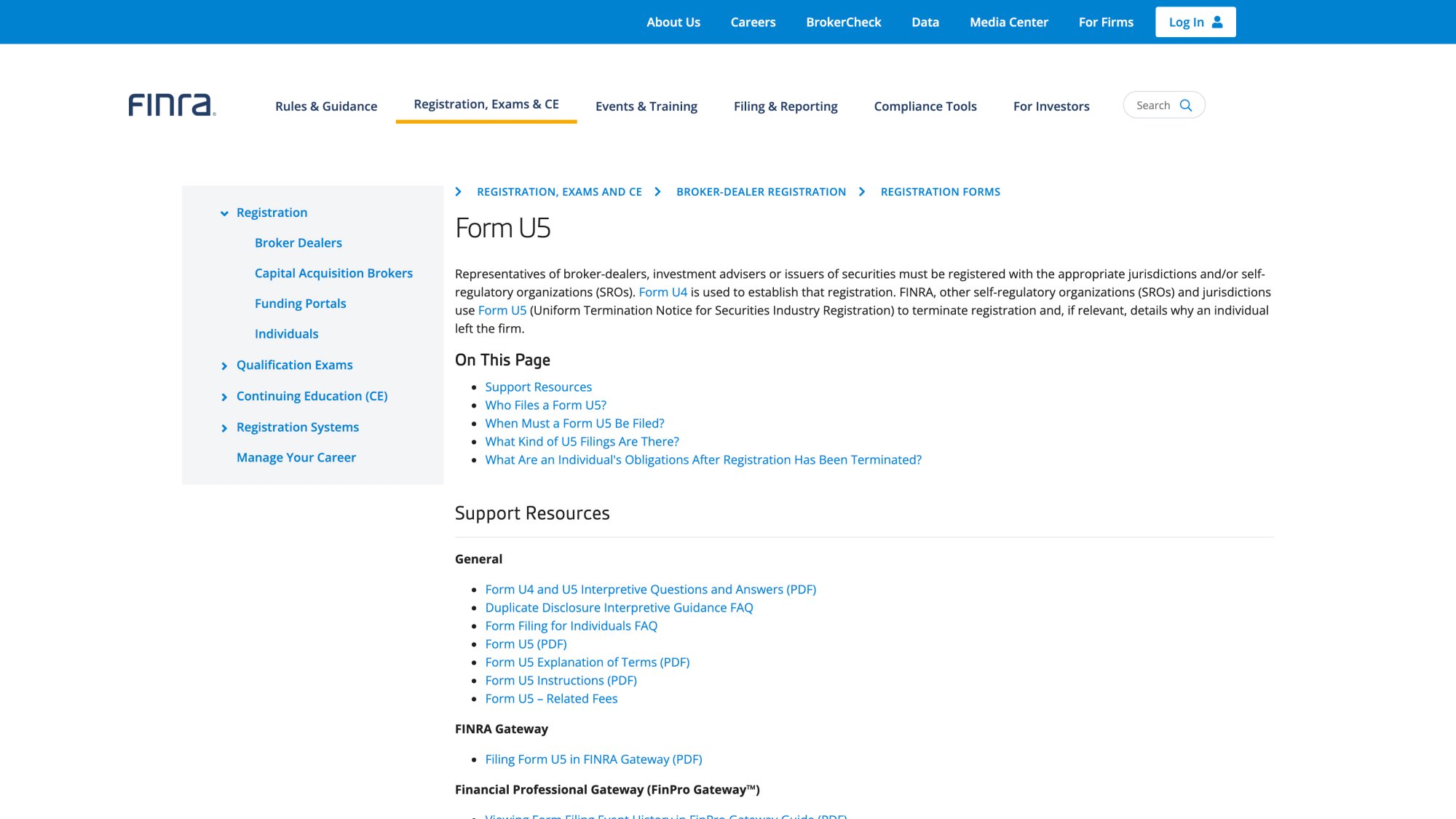 FINRA Form U5 information page showing termination reporting requirements for registered representatives