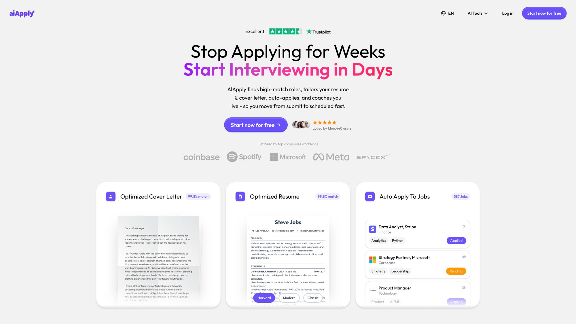AIApply dashboard homepage showing Resume Builder, Cover Letter Builder, Interview Buddy, and Mock Interview tools