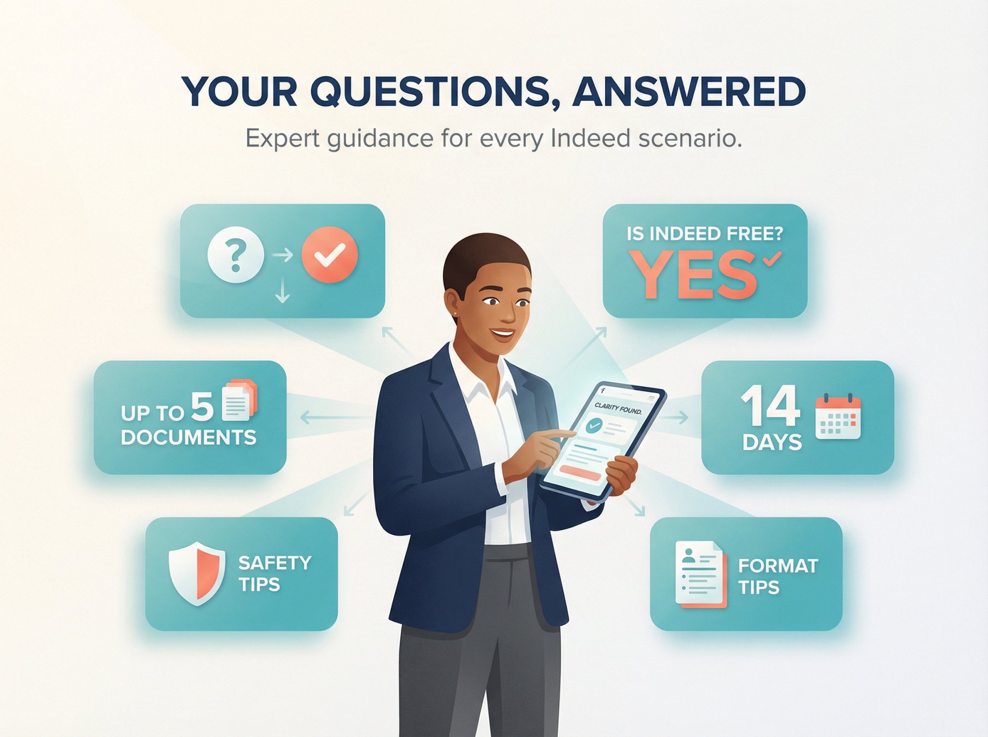 Modern editorial illustration showing a confident job seeker receiving organized answers and expert guidance