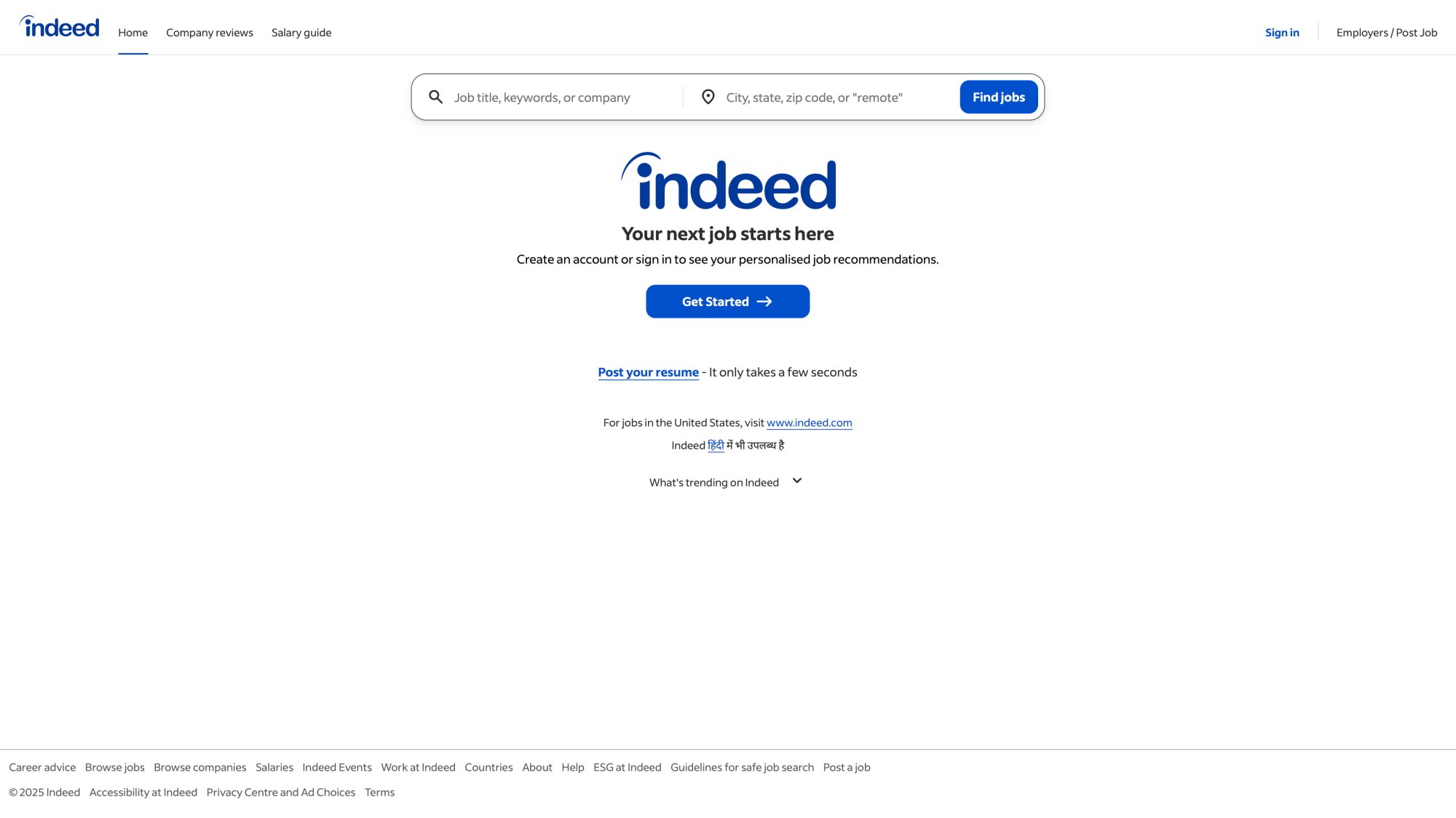 Indeed homepage showing job search interface and entry point for job seekers to begin their application journey