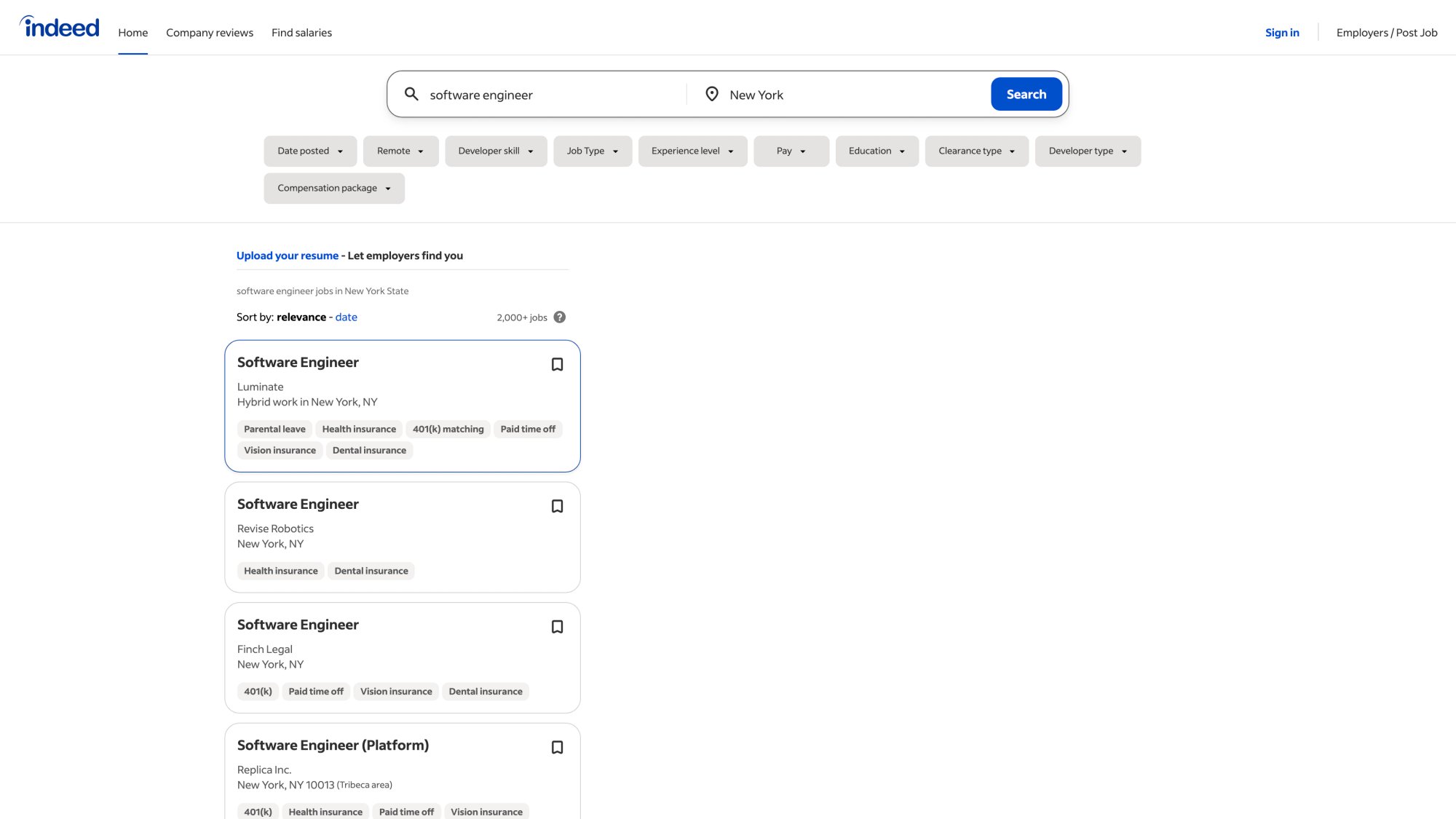 Indeed job search results showing software engineer listings with Apply Now buttons for one-click applications