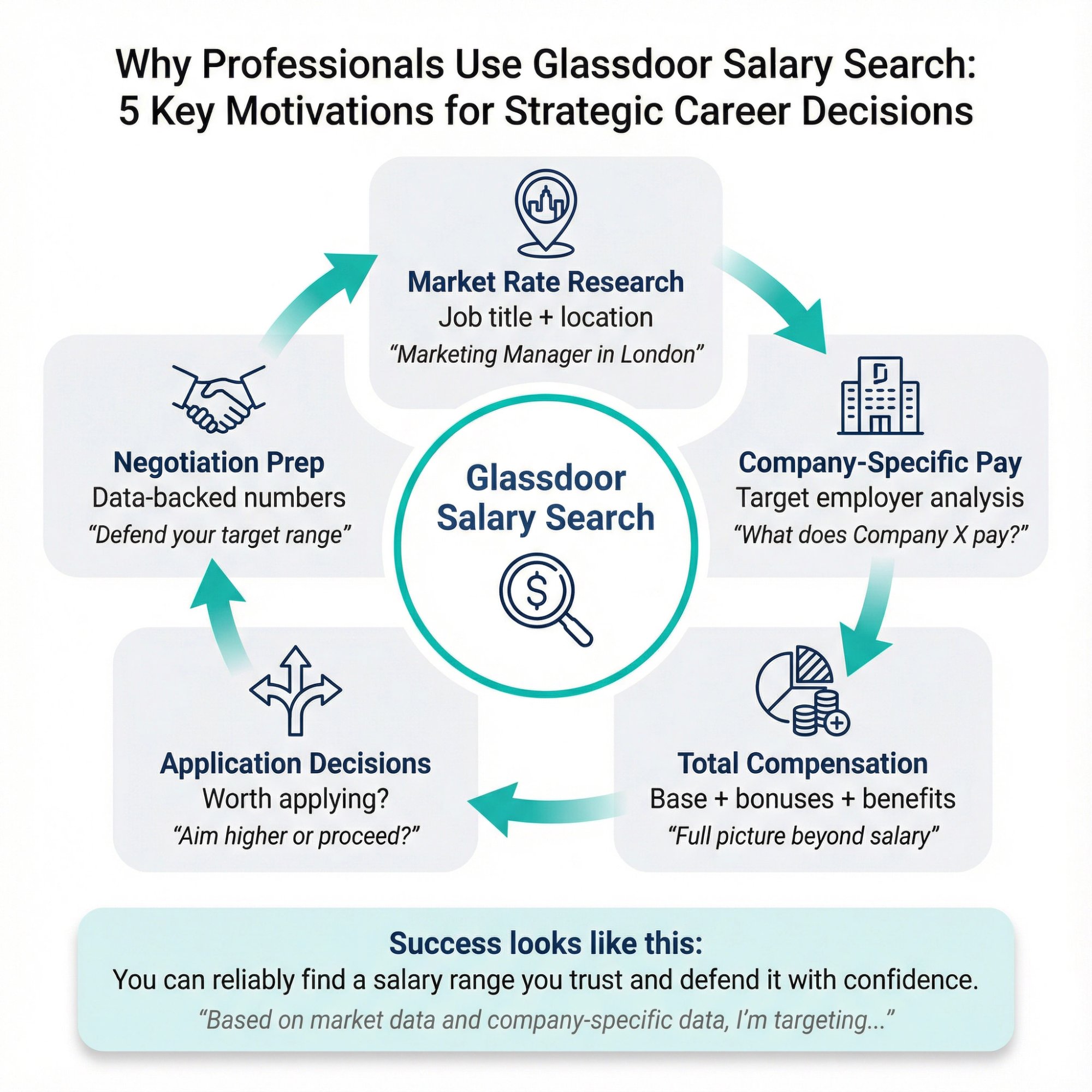 Circular flowchart showing five core motivations for Glassdoor salary research with connecting arrows and decision points