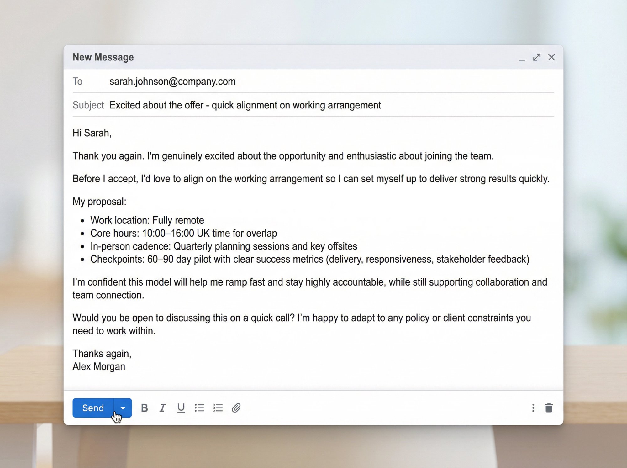 Professional email composition window showing remote work negotiation template ready to send to employer