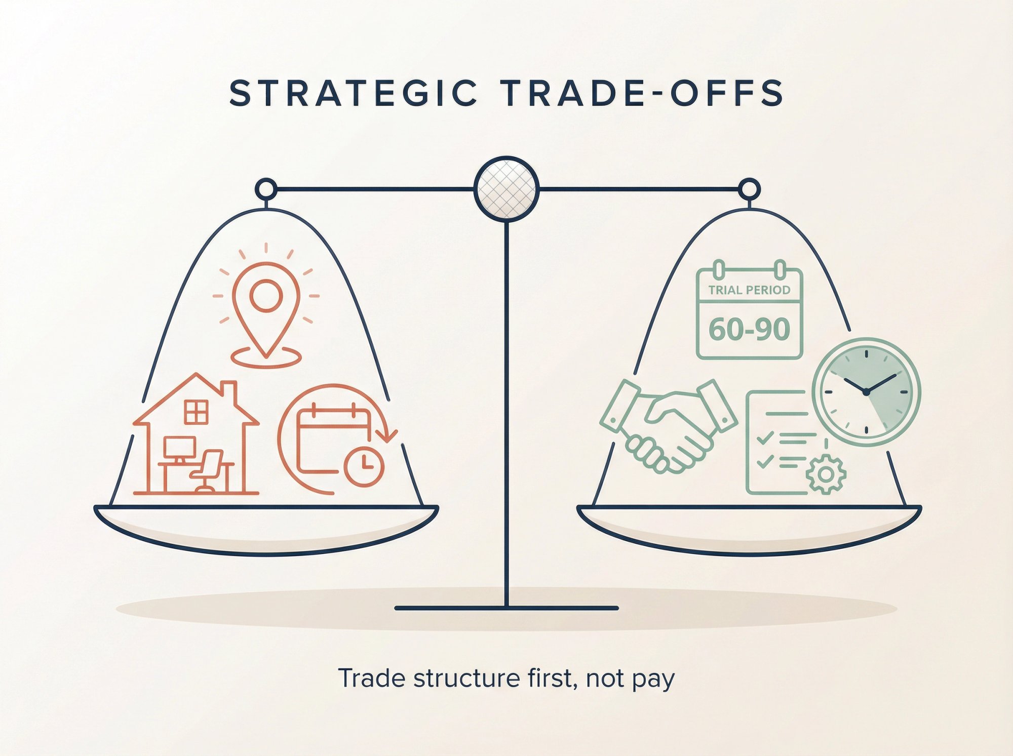 Balanced scale illustration showing remote work benefits on one side and strategic trade-offs on the other, representing smart negotiation strategy