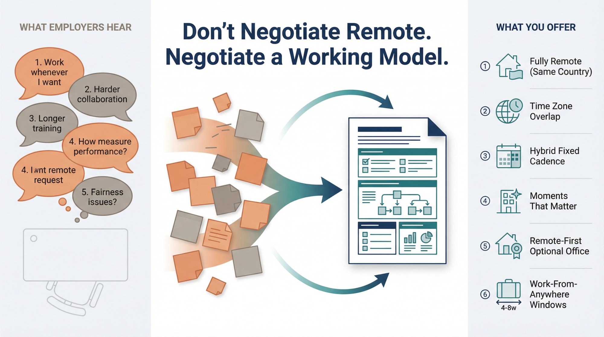 Editorial illustration showing transformation from employer worries to structured remote work proposals with six defined outcomes