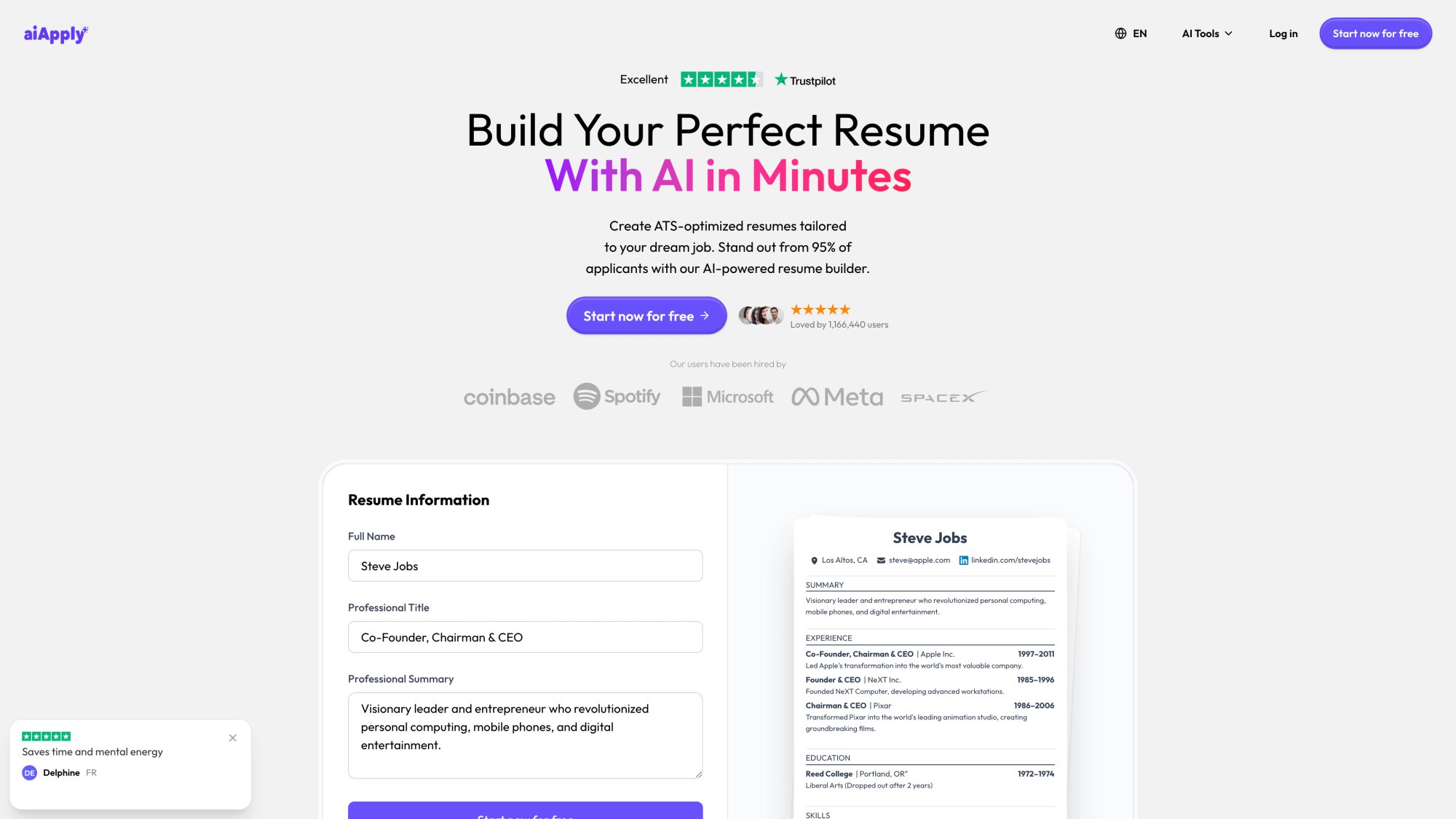 AIApply Resume Builder interface with job-specific customization and ATS optimization features