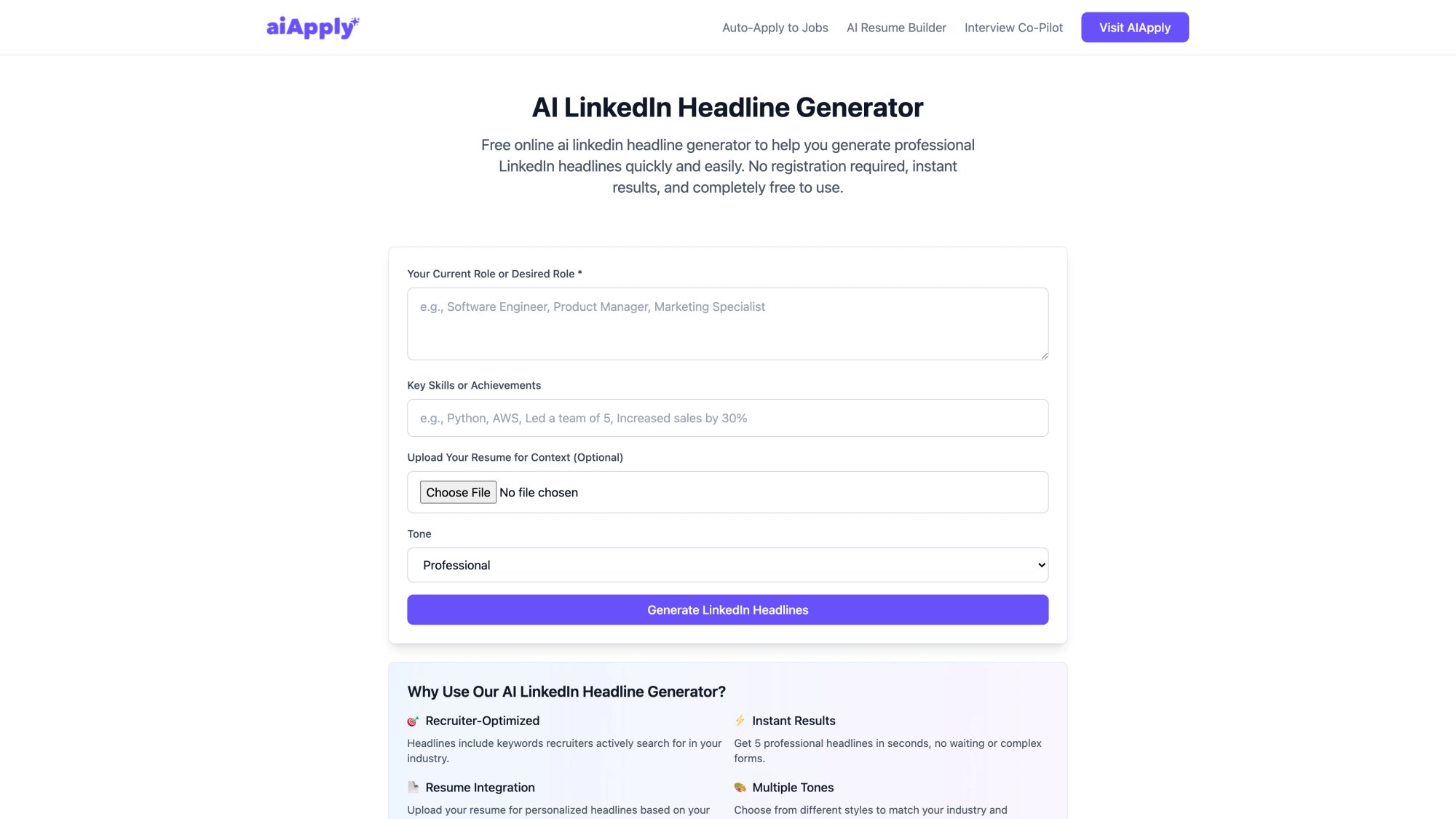 AIApply LinkedIn Headline Generator tool interface showing input fields and optimization options