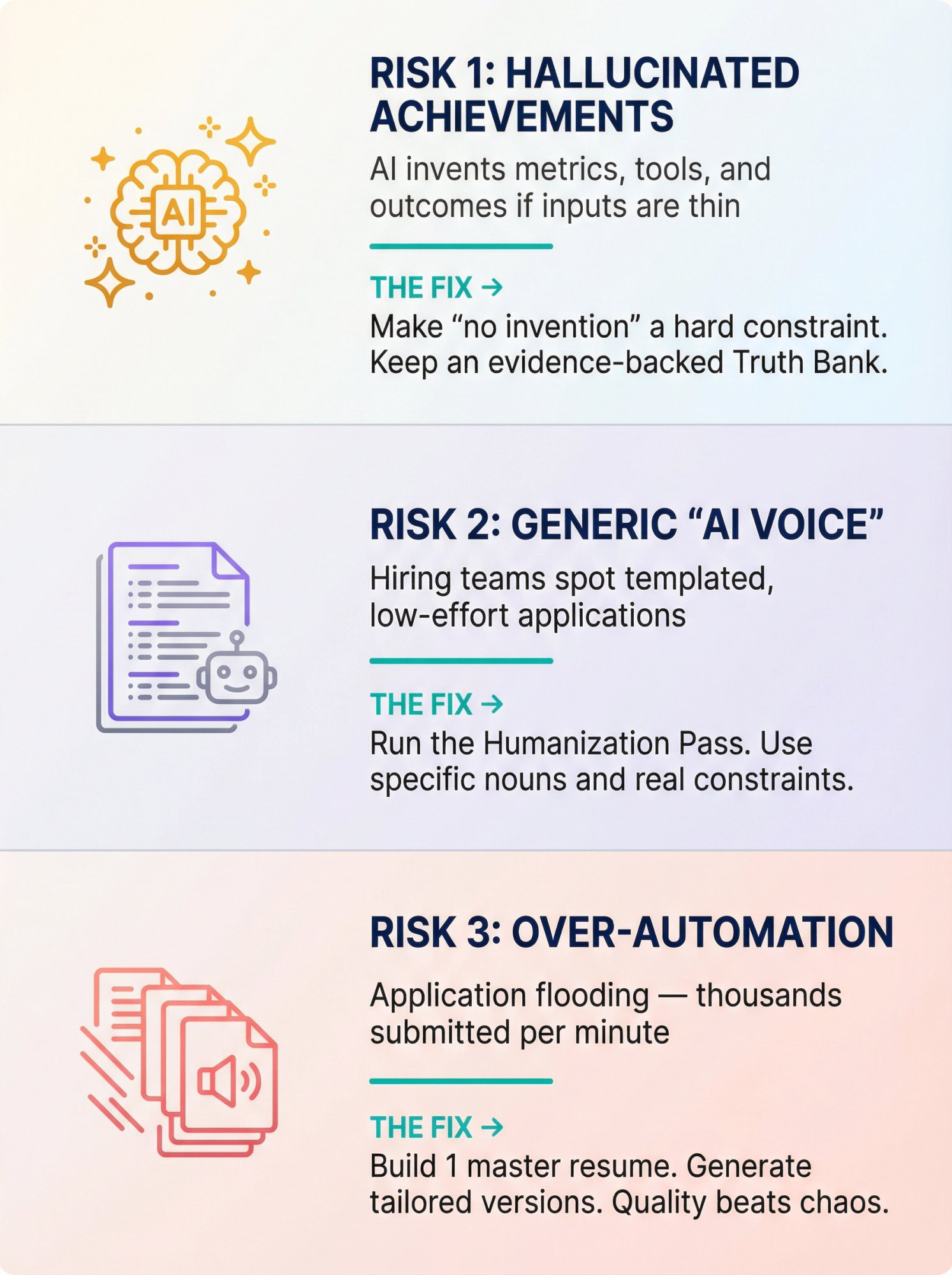 Three-panel warning infographic showing AI resume risks with solutions: hallucinated achievements, generic AI voice, and application flooding
